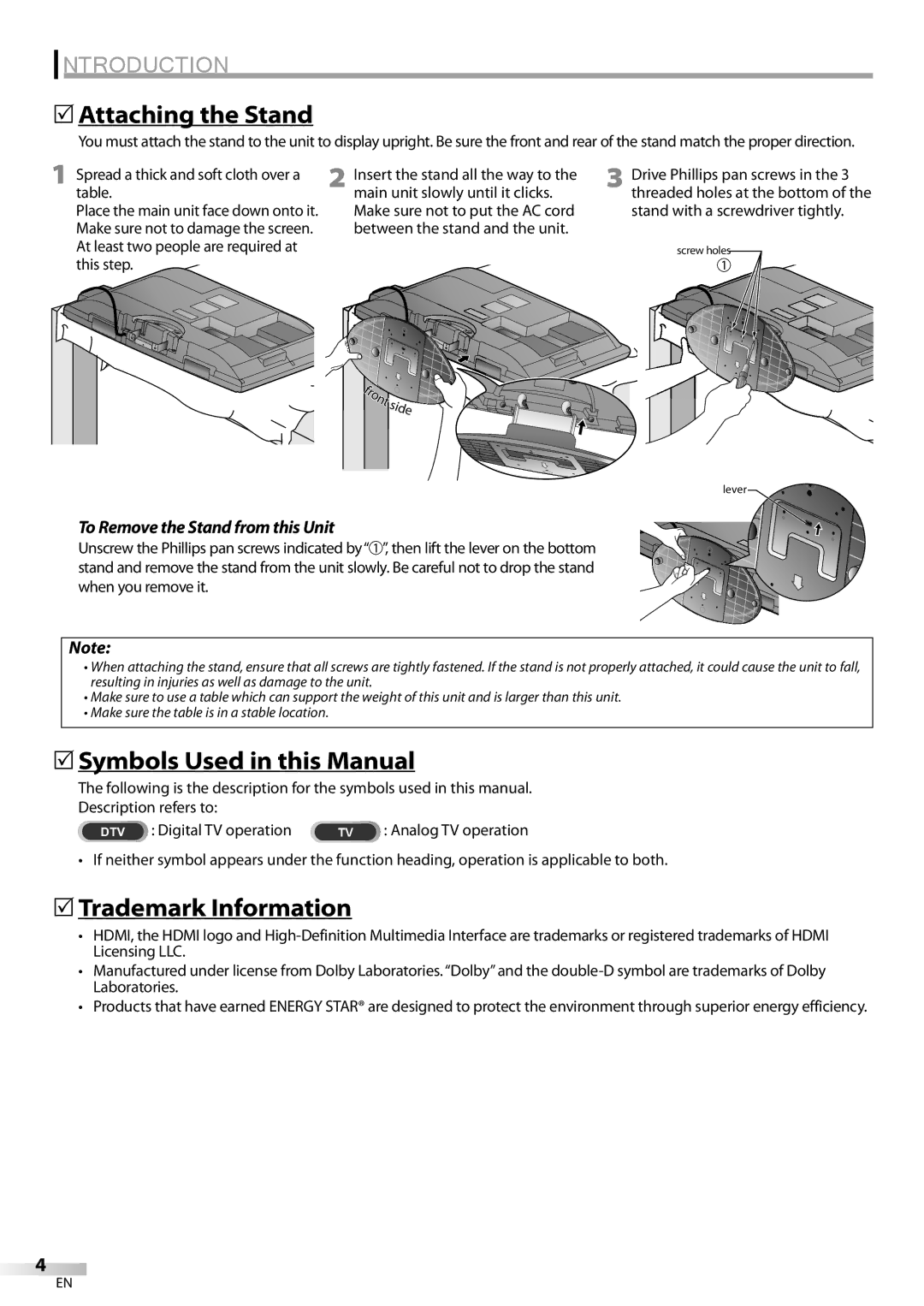 Emerson LC320EM9 B, LC320EM9 3 owner manual 5Attaching the Stand, 5Symbols Used in this Manual, 5Trademark Information 