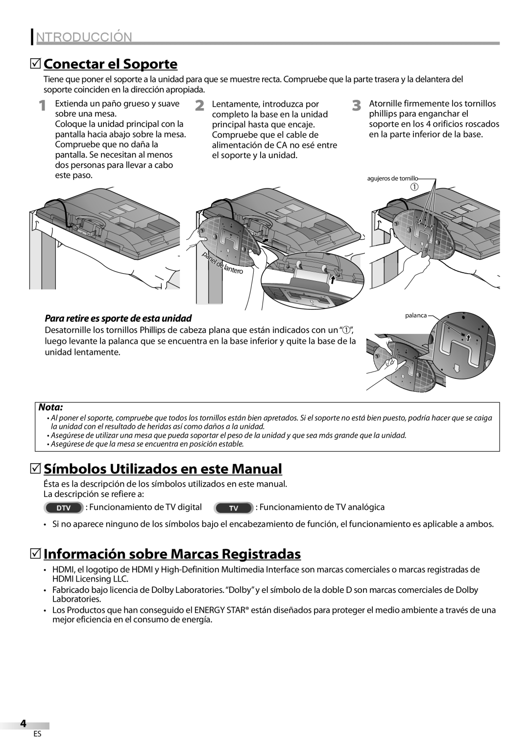 Emerson LC320EM9 B 5Conectar el Soporte, 5Símbolos Utilizados en este Manual, 5Información sobre Marcas Registradas, Nota 