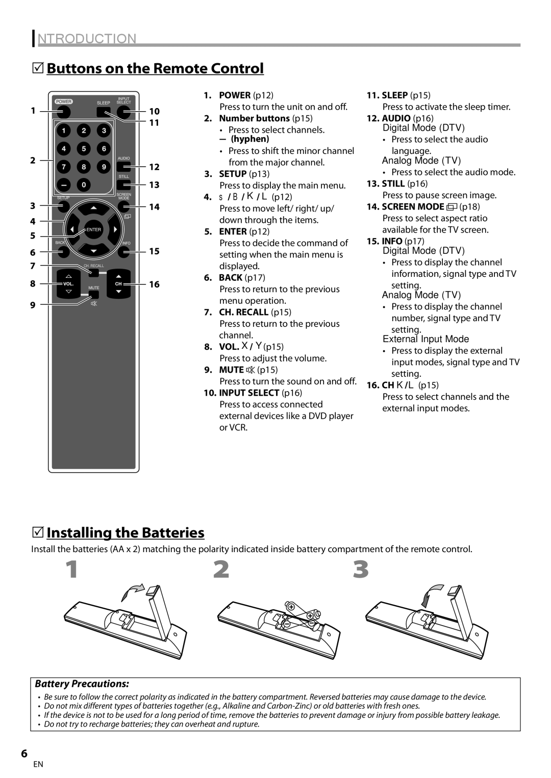 Emerson LC320EM9 B, LC320EM9 3 5Buttons on the Remote Control, 5Installing the Batteries, Battery Precautions 