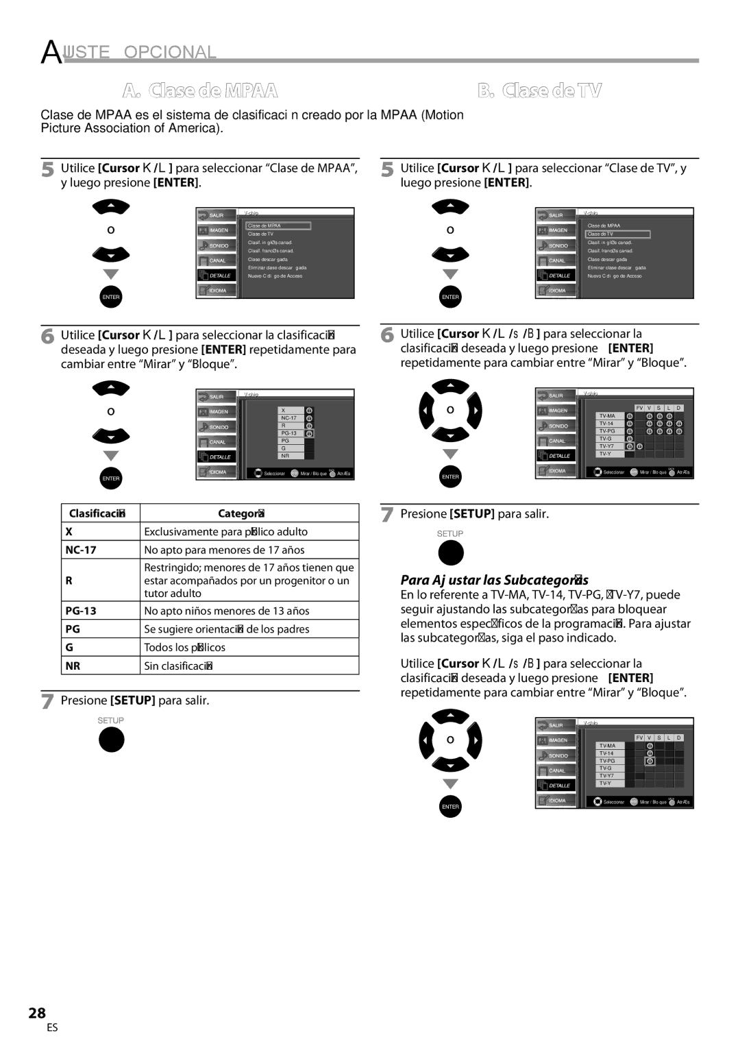 Emerson LC320EM9 B, LC320EM9 3 owner manual Clase de Mpaa, Para Ajustar las Subcategorías 