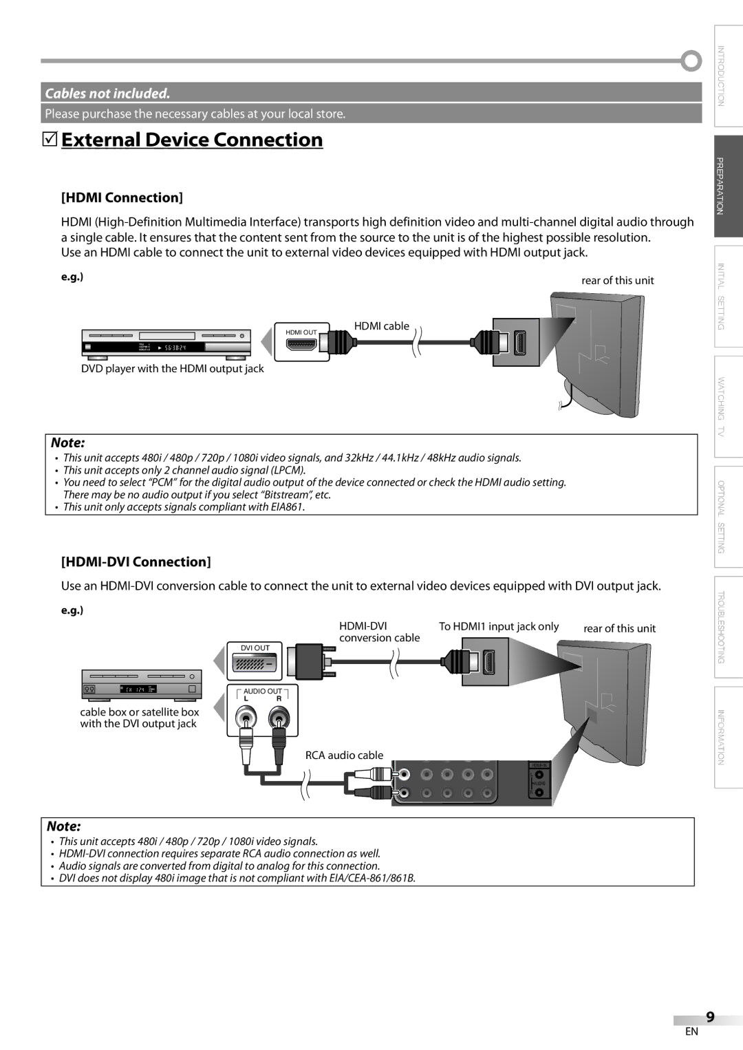 Emerson LC320EM9 B, LC320EM9 3 owner manual 5External Device Connection, Hdmi Connection, HDMI-DVI Connection 