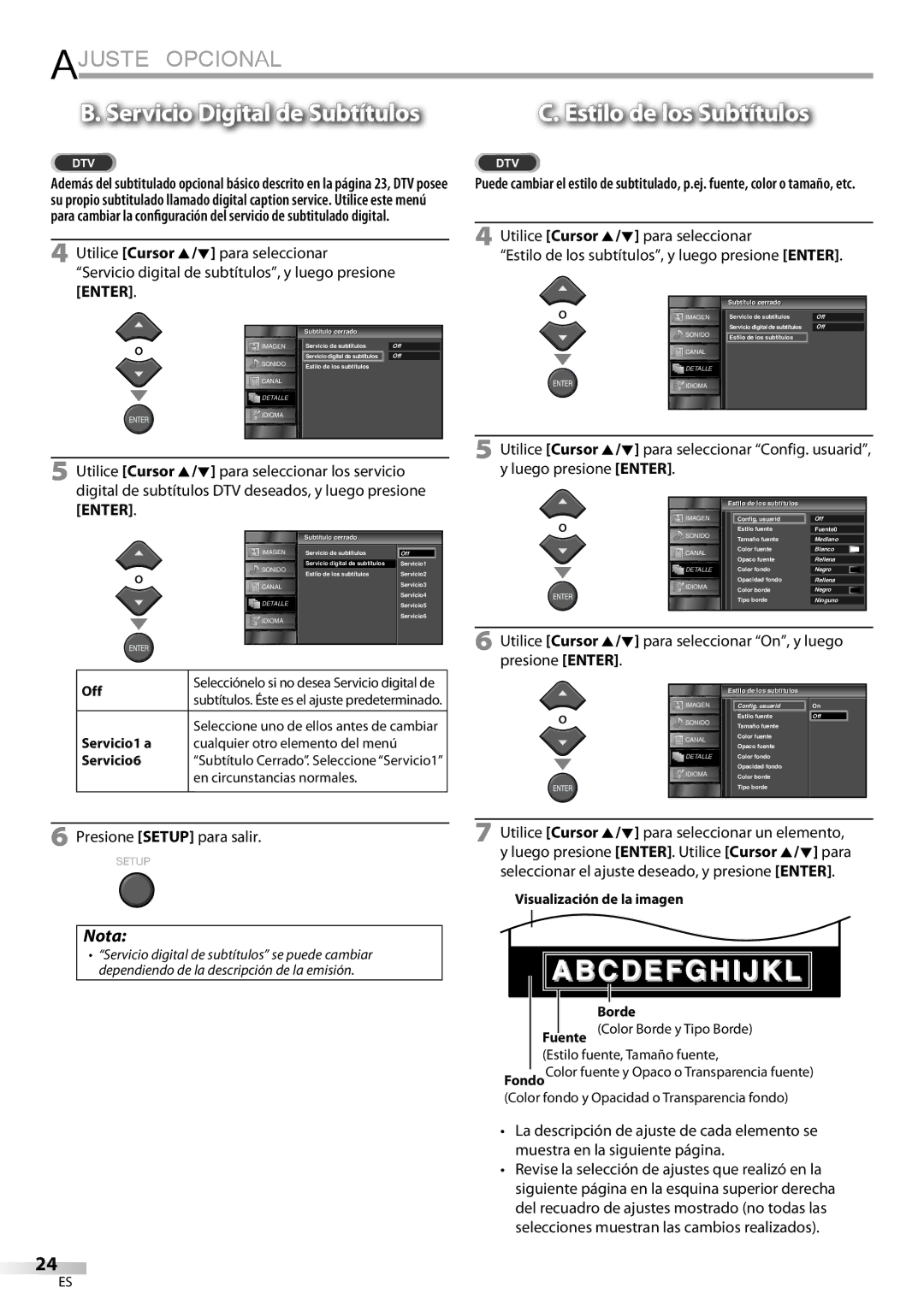 Emerson LC320EMXF owner manual Servicio Digital de Subtítulos, Servicio1 a, Servicio6, Visualización de la imagen, Fuente 