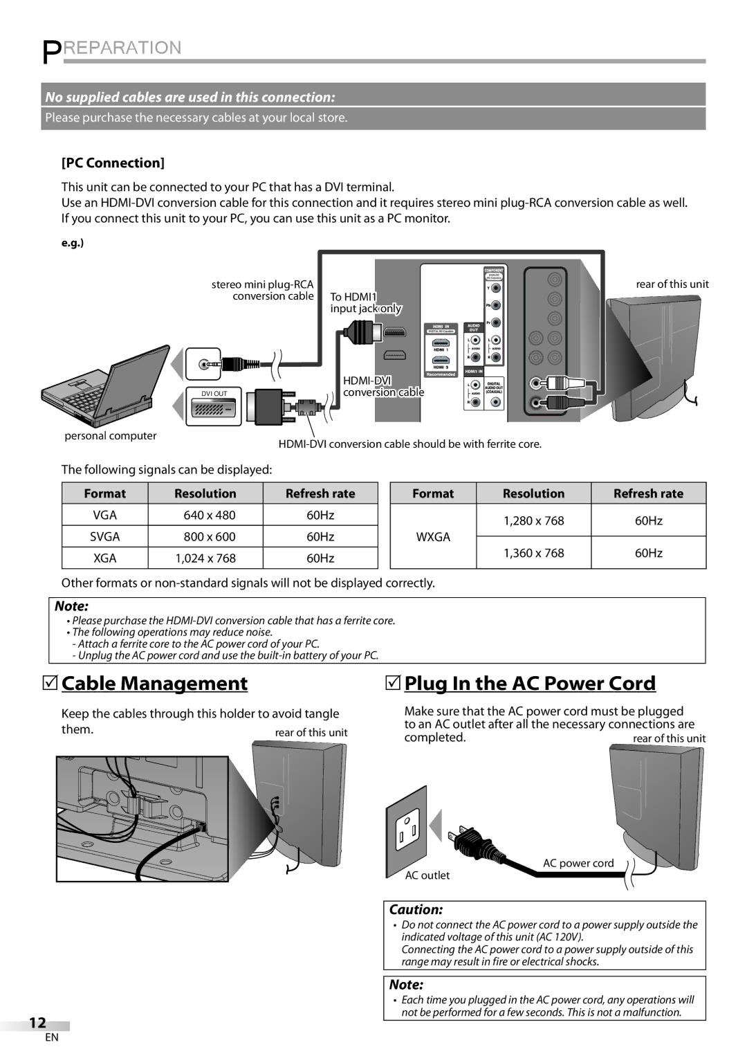 Emerson LC320EMXF owner manual Cable Management, Plug In the AC Power Cord, PC Connection, Resolution 