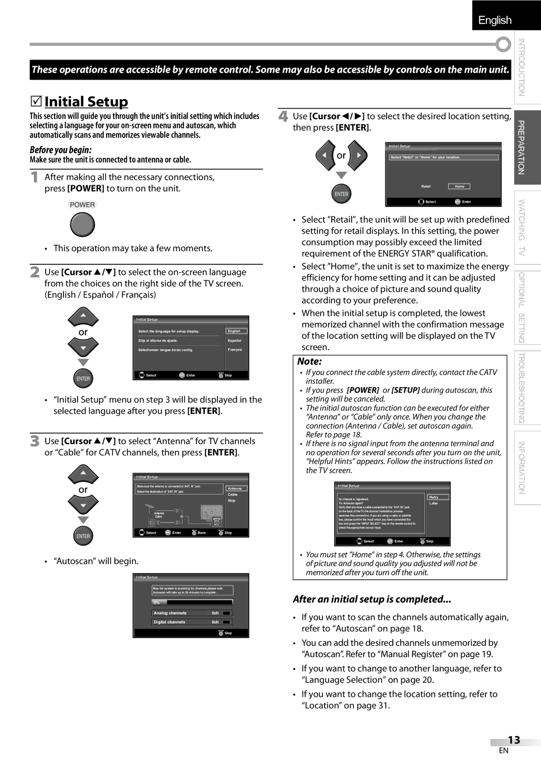 Emerson LC320EMXF owner manual Initial Setup, Before you begin, After an initial setup is completed, Autoscan will begin 