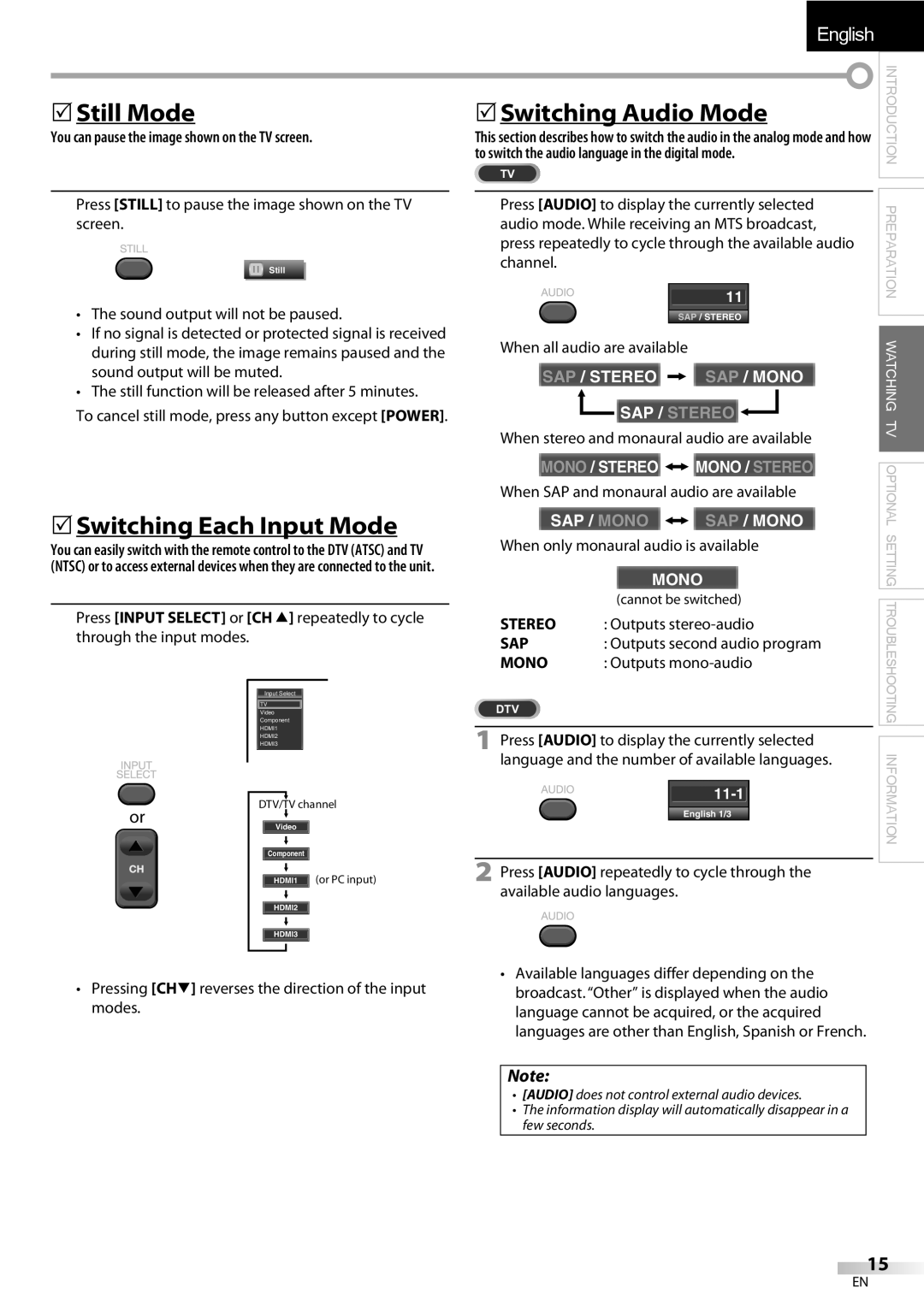 Emerson LC320EMXF owner manual Still Mode, Switching Each Input Mode, 5Switching Audio Mode 