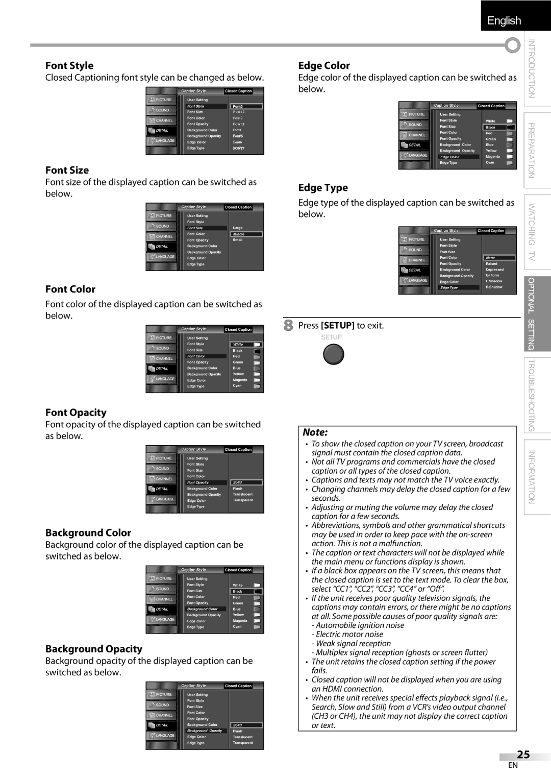 Emerson LC320EMXF owner manual Font Style, Font Size, Font Color, Font Opacity, Background Color, Background Opacity 