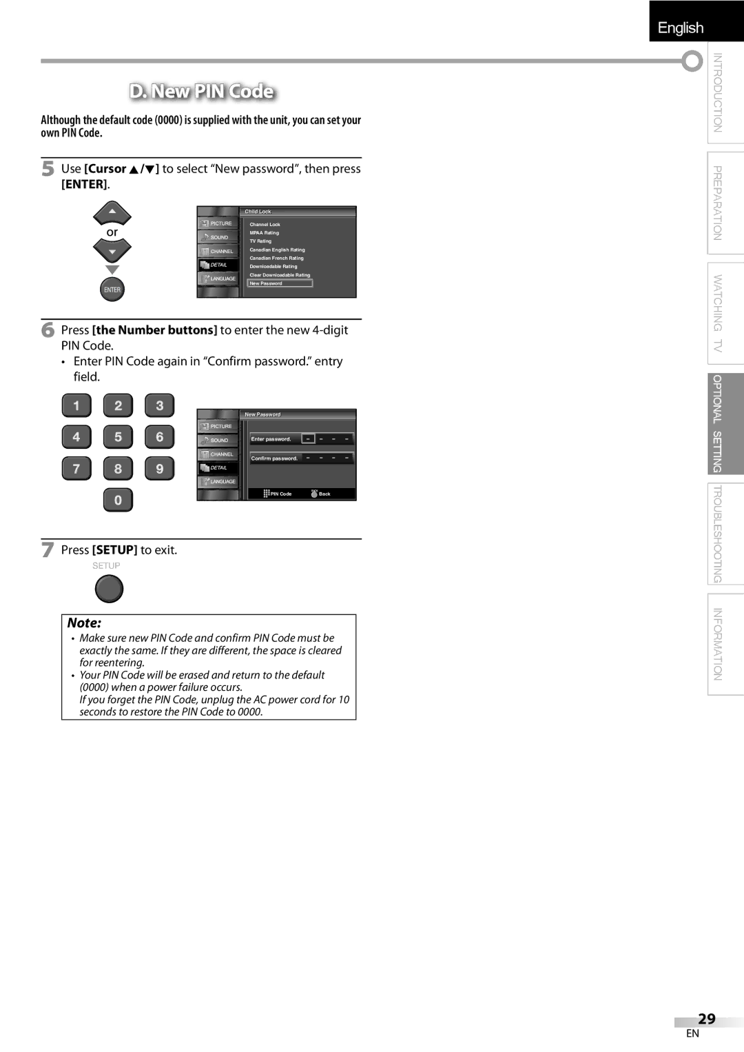 Emerson LC320EMXF owner manual New PIN Code, Use Cursor K/L to select New password, then press Enter 