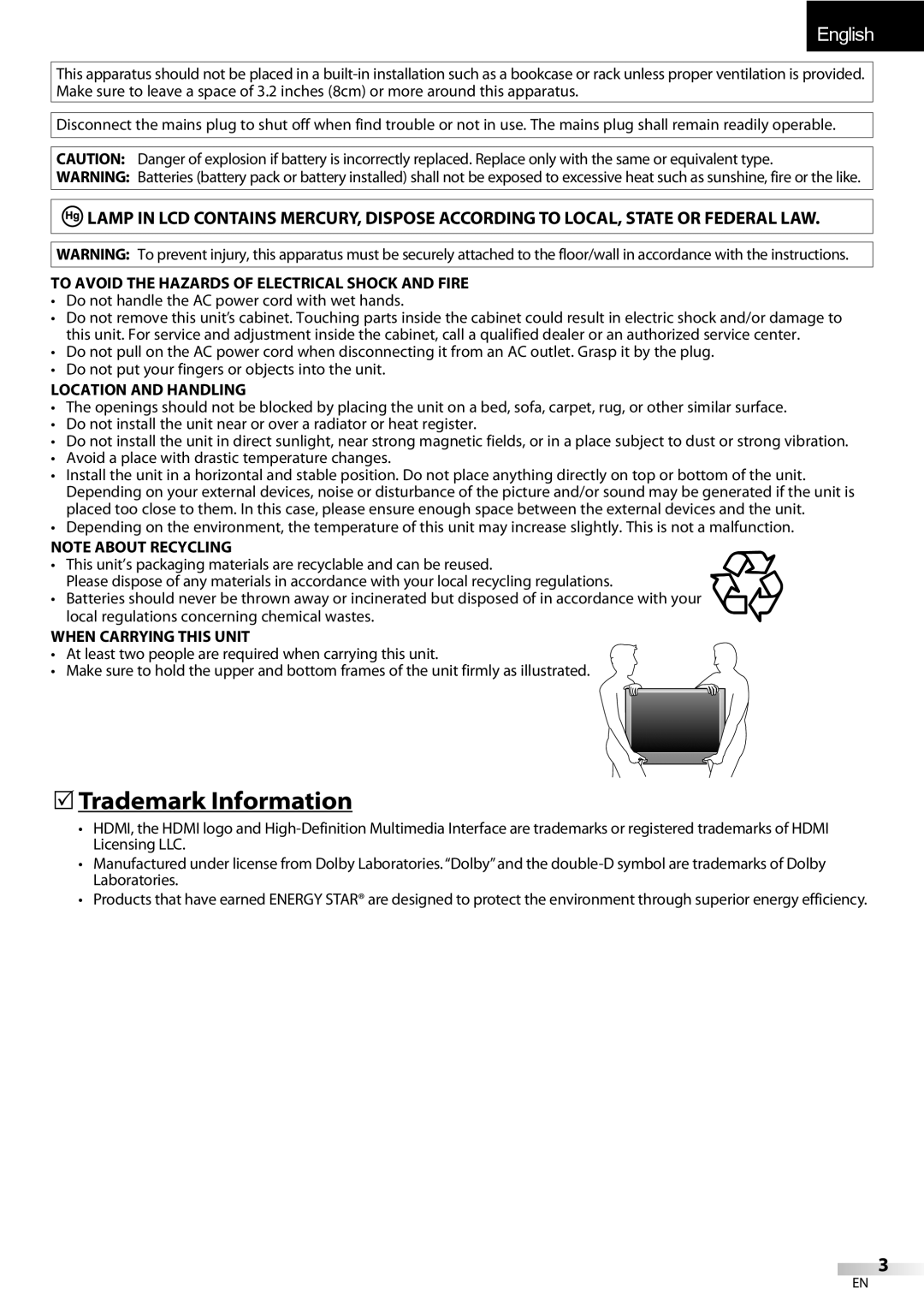 Emerson LC320EMXF Trademark Information, To Avoid the Hazards of Electrical Shock and Fire, Location and Handling 