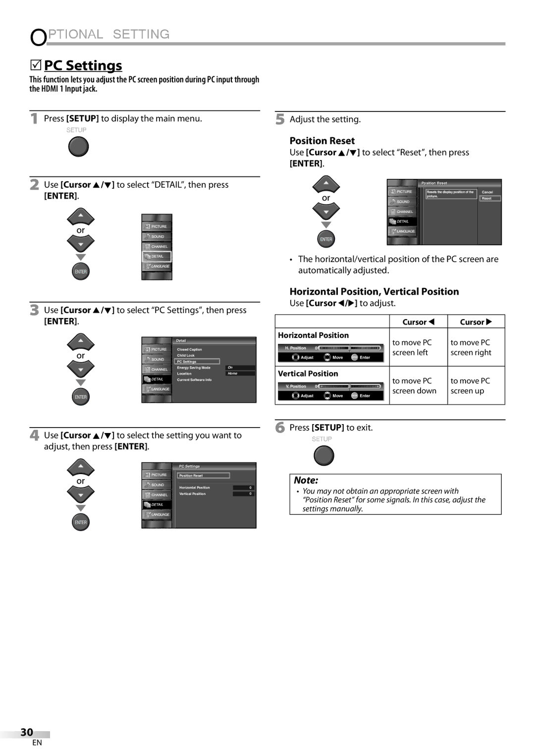 Emerson LC320EMXF owner manual PC Settings, Position Reset, Horizontal Position, Vertical Position 