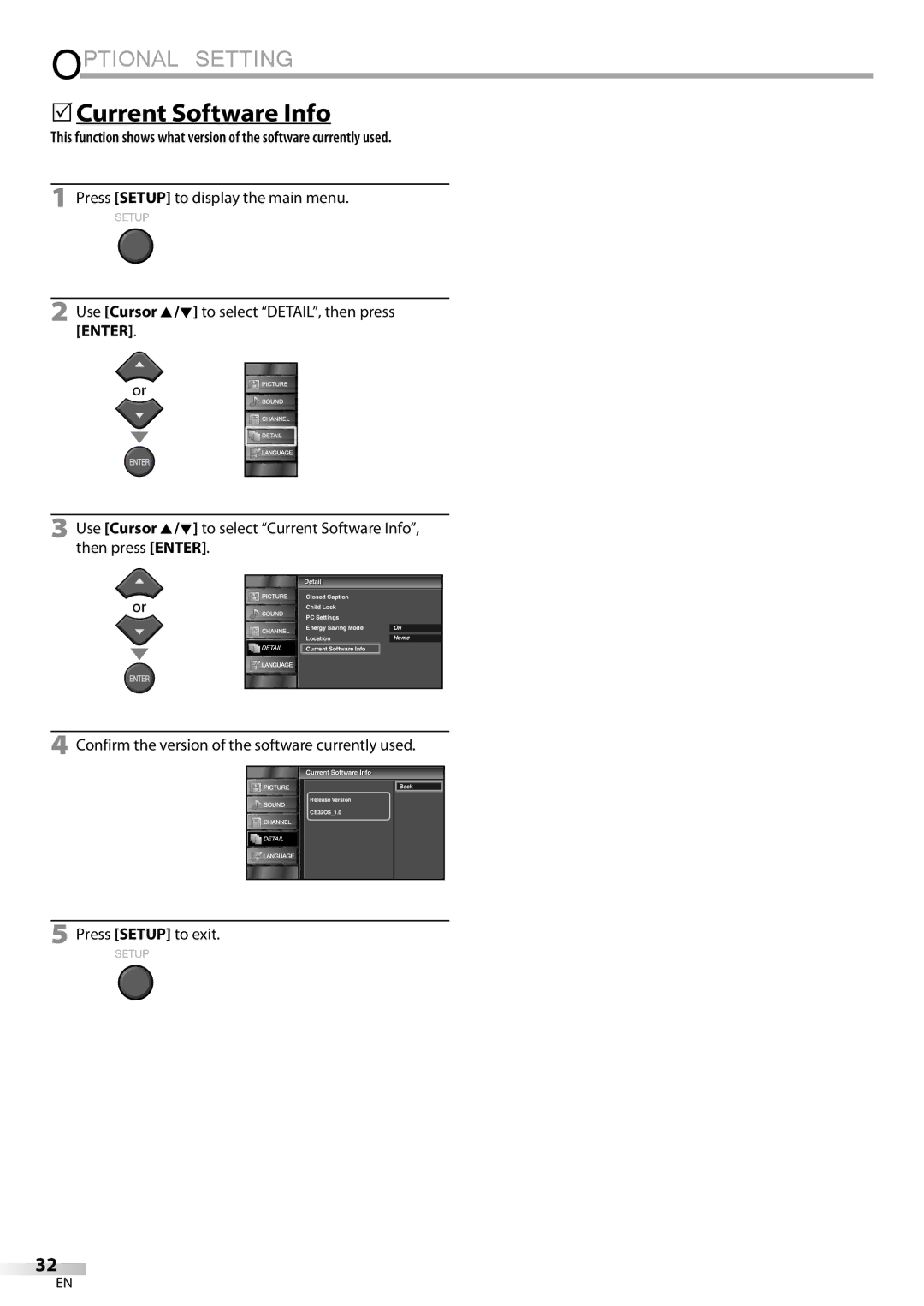 Emerson LC320EMXF owner manual Confirm the version of the software currently used, Current Software InfoI 