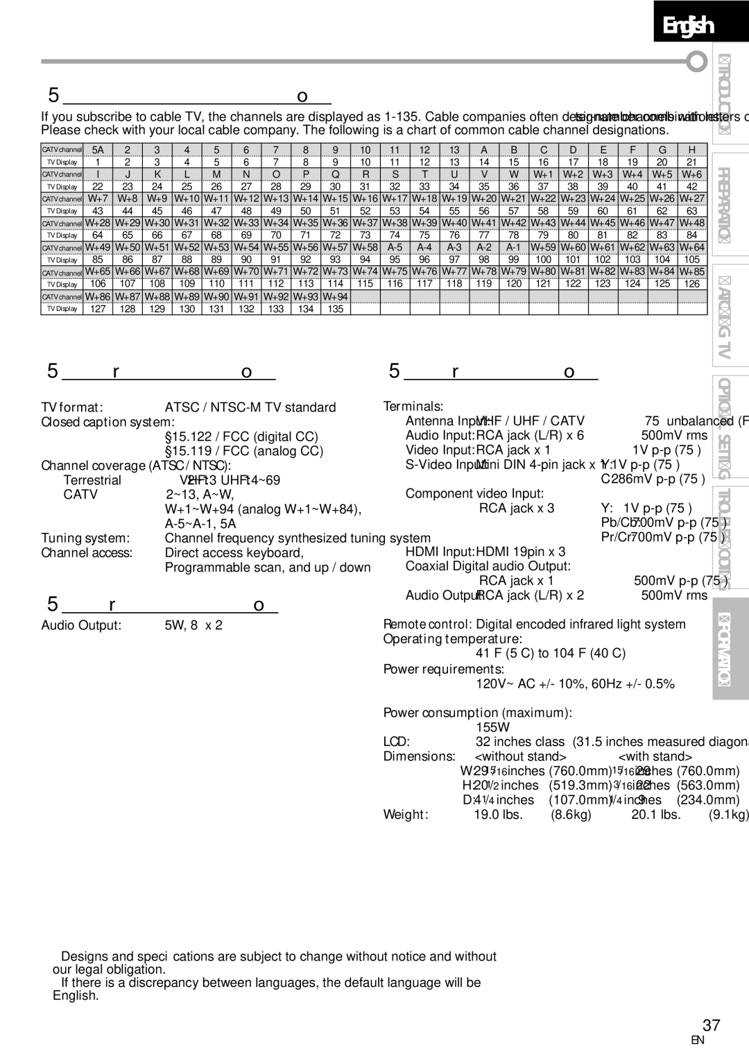 Emerson LC320EMXF Cable Channel Designations, General Specifications, Electrical Specification, 5Other Specifications 