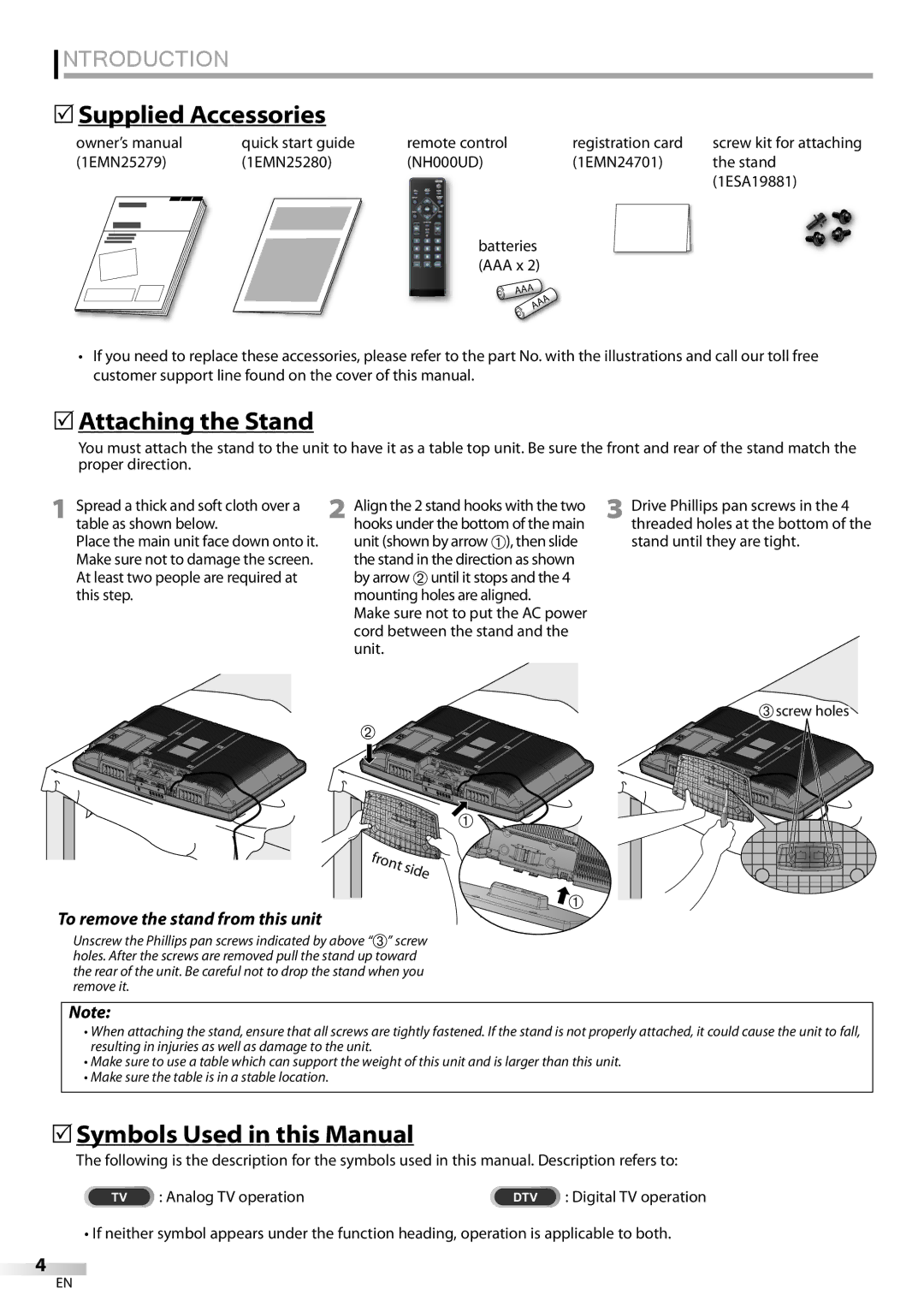 Emerson LC320EMXF owner manual Supplied Accessories, Attaching the Stand, Symbols Used in this Manual 