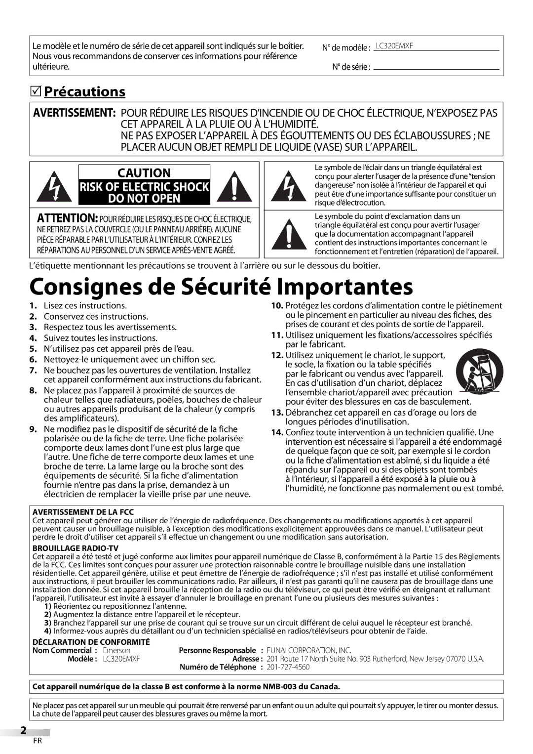 Emerson owner manual Précautions, Ultérieure, De série, Nom Commercial Emerson, Modèle LC320EMXF Adresse 