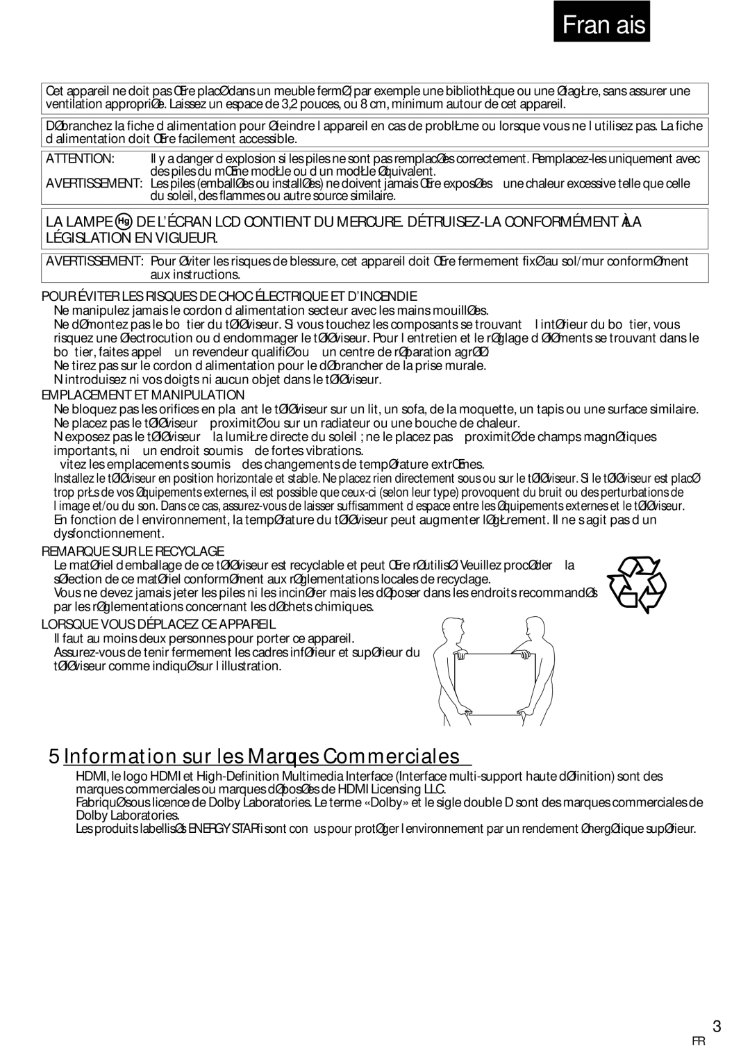 Emerson LC320EMXF Information sur les Marques Commerciales, Pour Éviter LES Risques DE Choc Électrique ET D’INCENDIE 