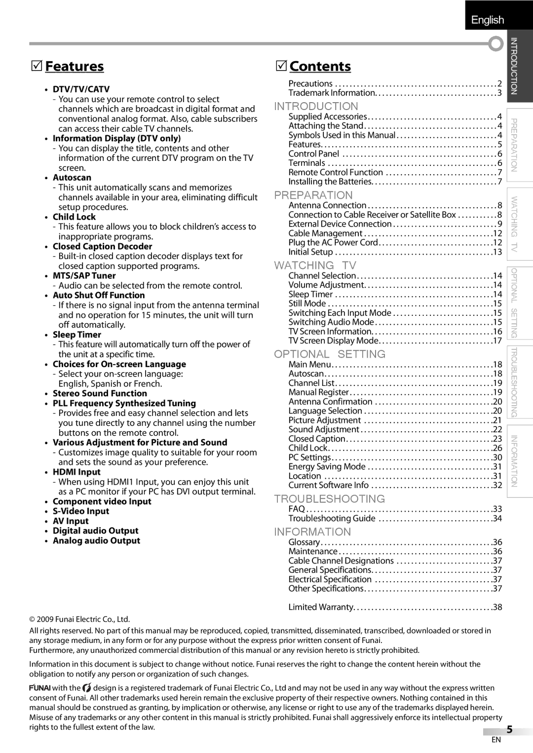 Emerson LC320EMXF owner manual Features, Contents, Dtv/Tv/Catv 