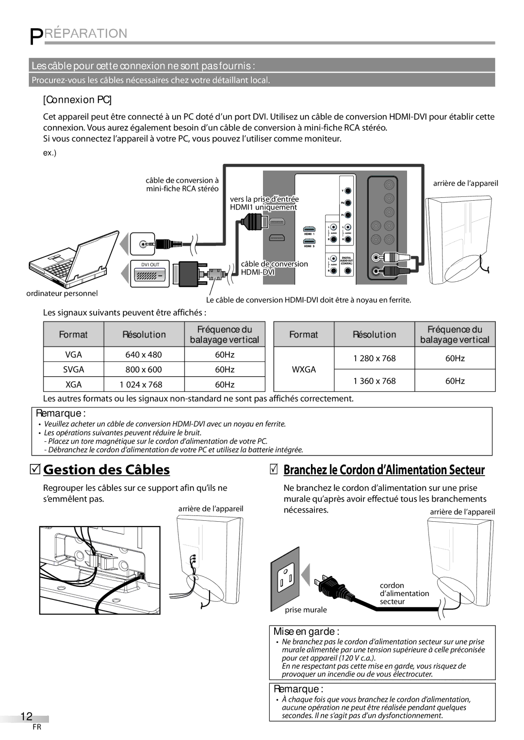 Emerson LC320EMXF owner manual Gestion des Câbles, Connexion PC, Mise en garde 