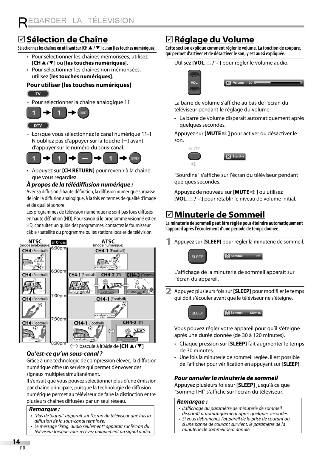 Emerson LC320EMXF owner manual Regarder LA Télévision, Sélection de Chaîne, Réglage du Volume, Minuterie de Sommeil 