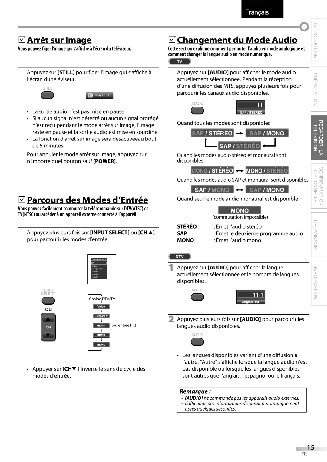 Emerson LC320EMXF owner manual Arrêt sur Image, Parcours des Modes d’Entrée, 5Changement du Mode Audio, Stéréo 