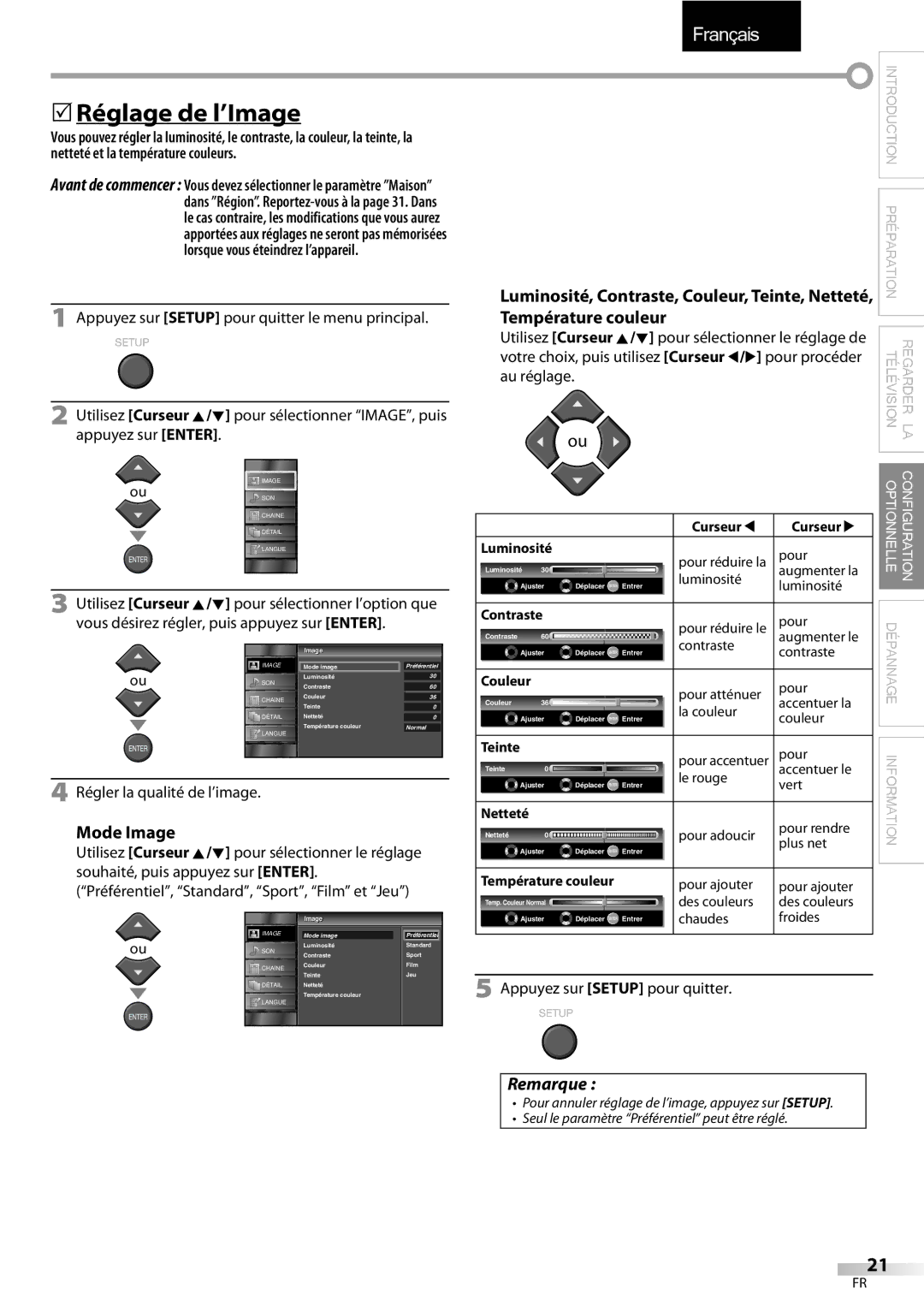 Emerson LC320EMXF Réglage de l’Image, Mode Image, Luminosité, Contraste, Couleur, Teinte, Netteté, Température couleur 