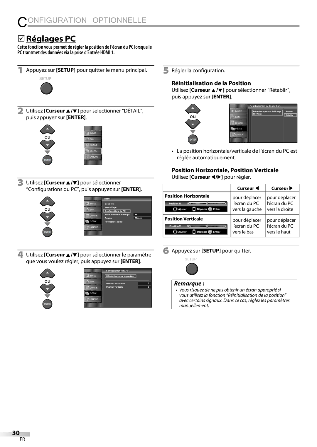 Emerson LC320EMXF owner manual Réglages PC, Réinitialisation de la Position, Position Horizontale, Position Verticale 