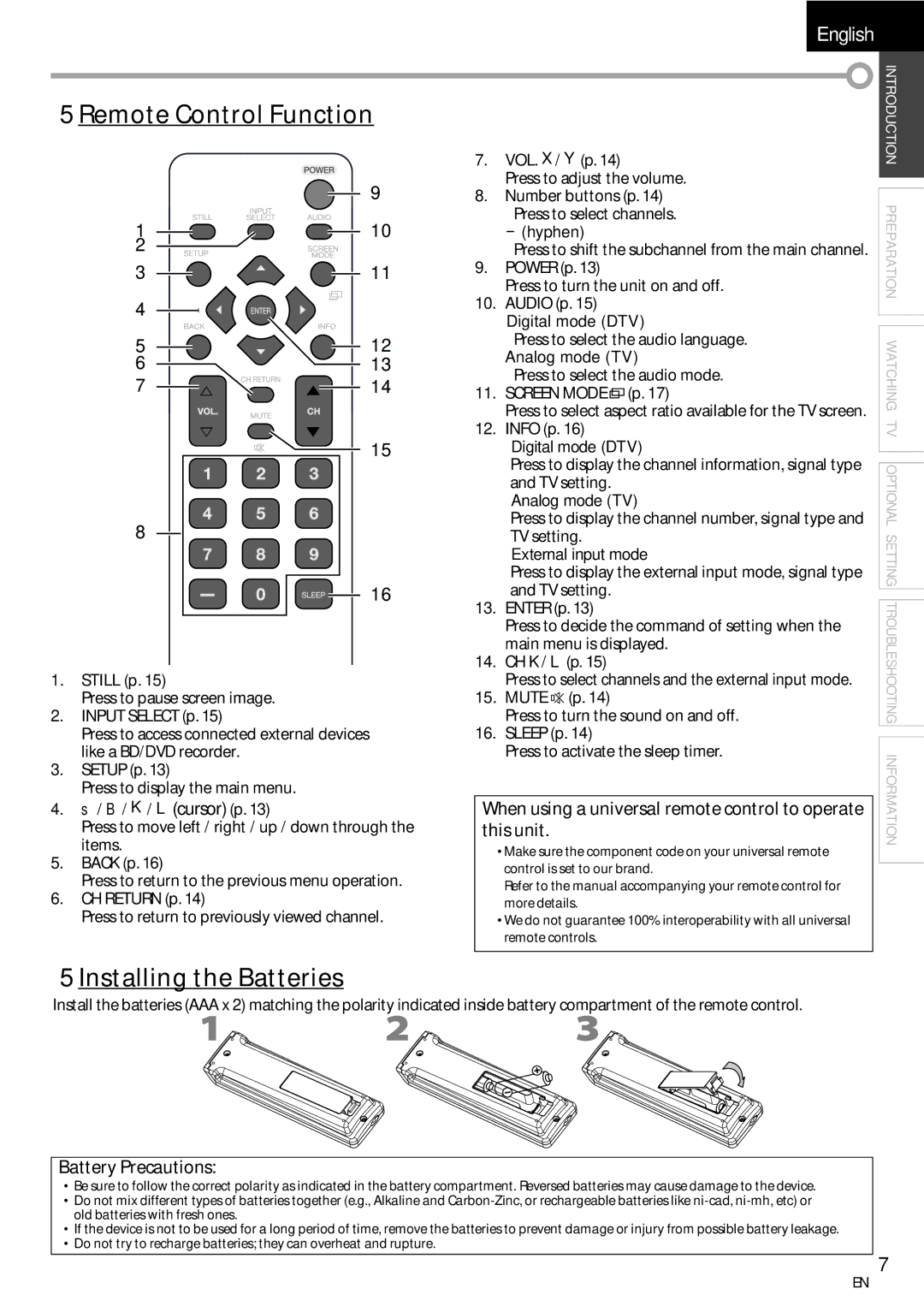 Emerson LC320EMXF owner manual Remote Control Function, Installing the Batteries, This unit, Battery Precautions 