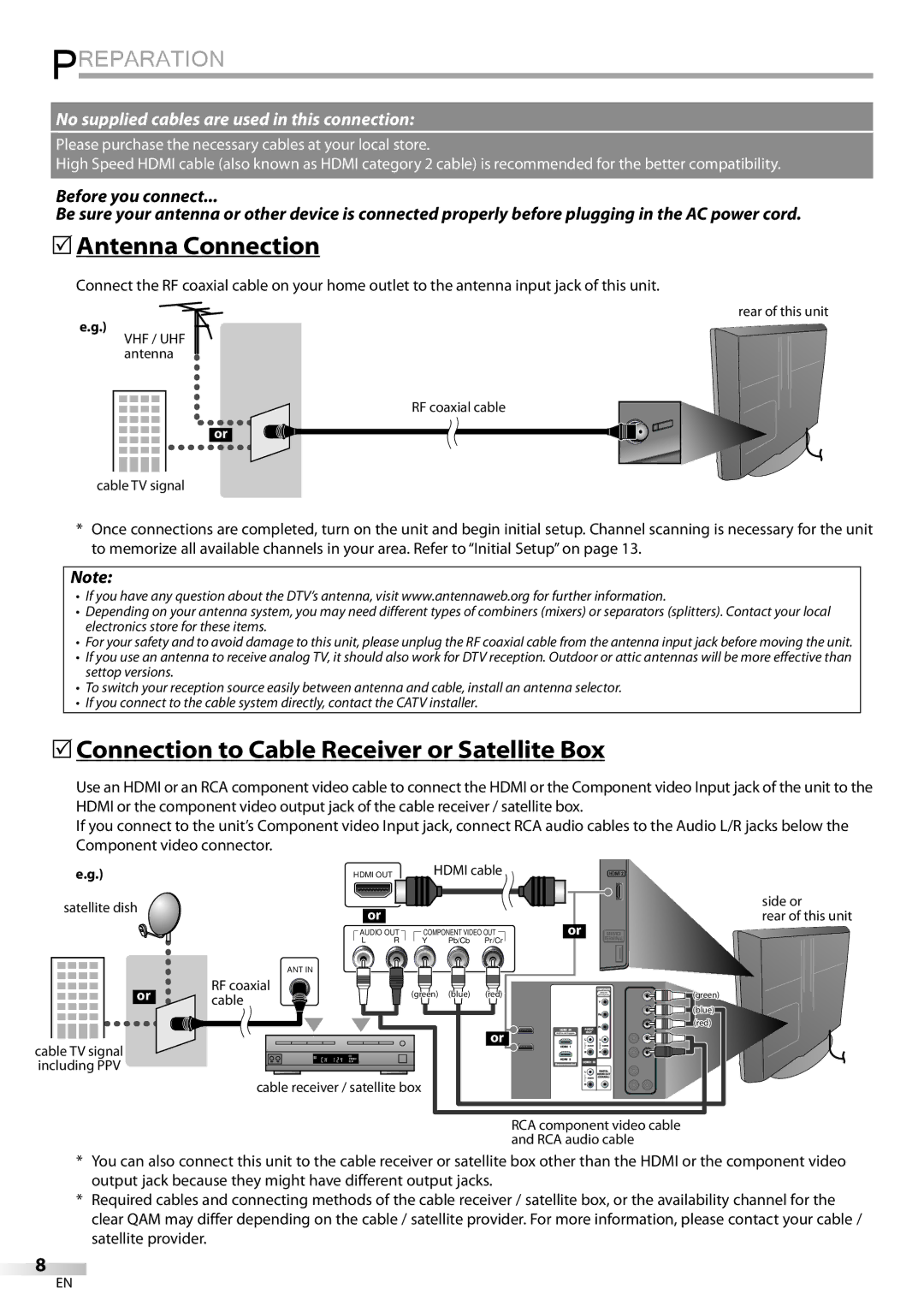 Emerson LC320EMXF Antenna Connection, Connection to Cable Receiver or Satellite Box, Satellite dish, RF coaxial 