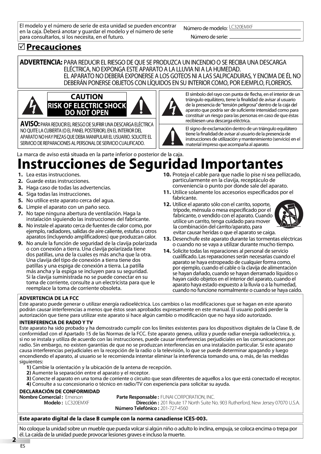 Emerson LC320EMXF Precauciones, Para consultarlos, si los necesita, en el futuro, Recibiesen una descarga eléctrica 