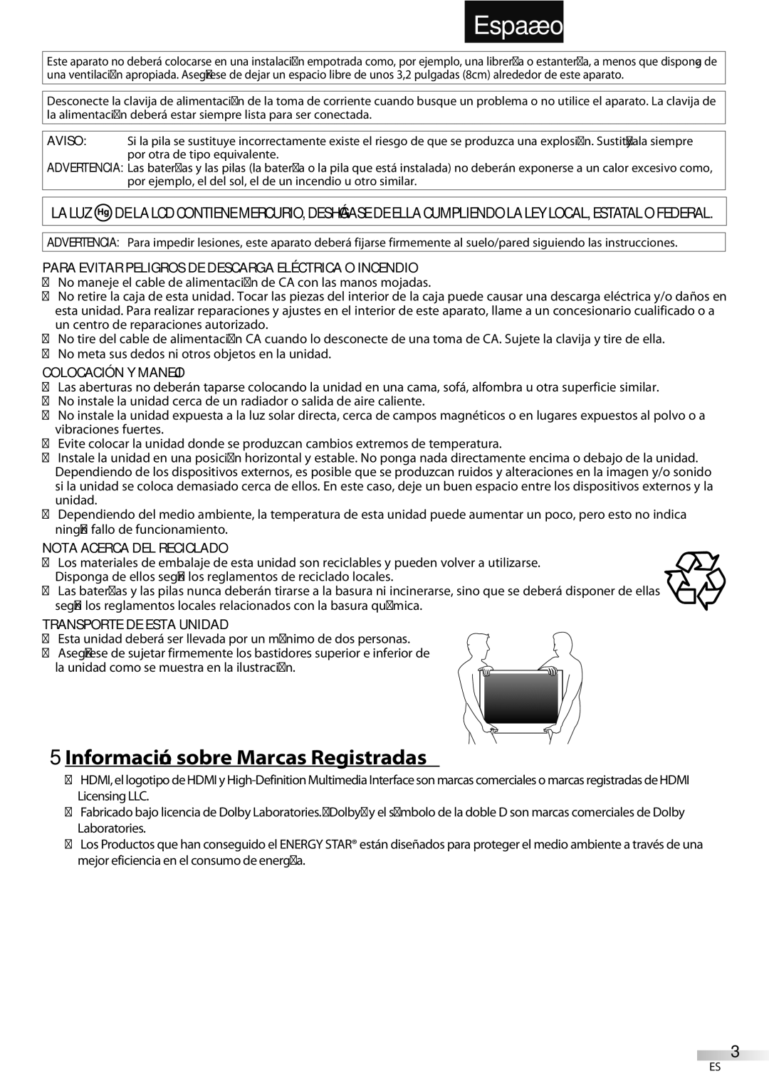 Emerson LC320EMXF owner manual Información sobre Marcas Registradas, Para Evitar Peligros DE Descarga Eléctrica O Incendio 