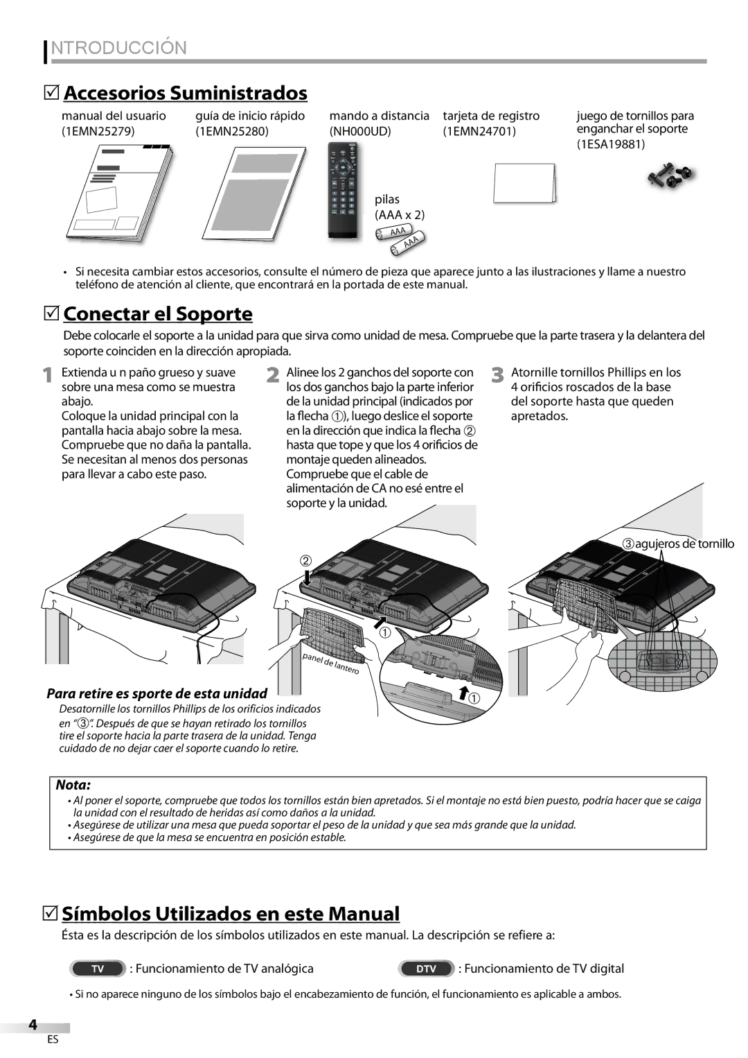 Emerson LC320EMXF Introducción, Accesorios Suministrados, Conectar el Soporte, Símbolos Utilizados en este Manual 