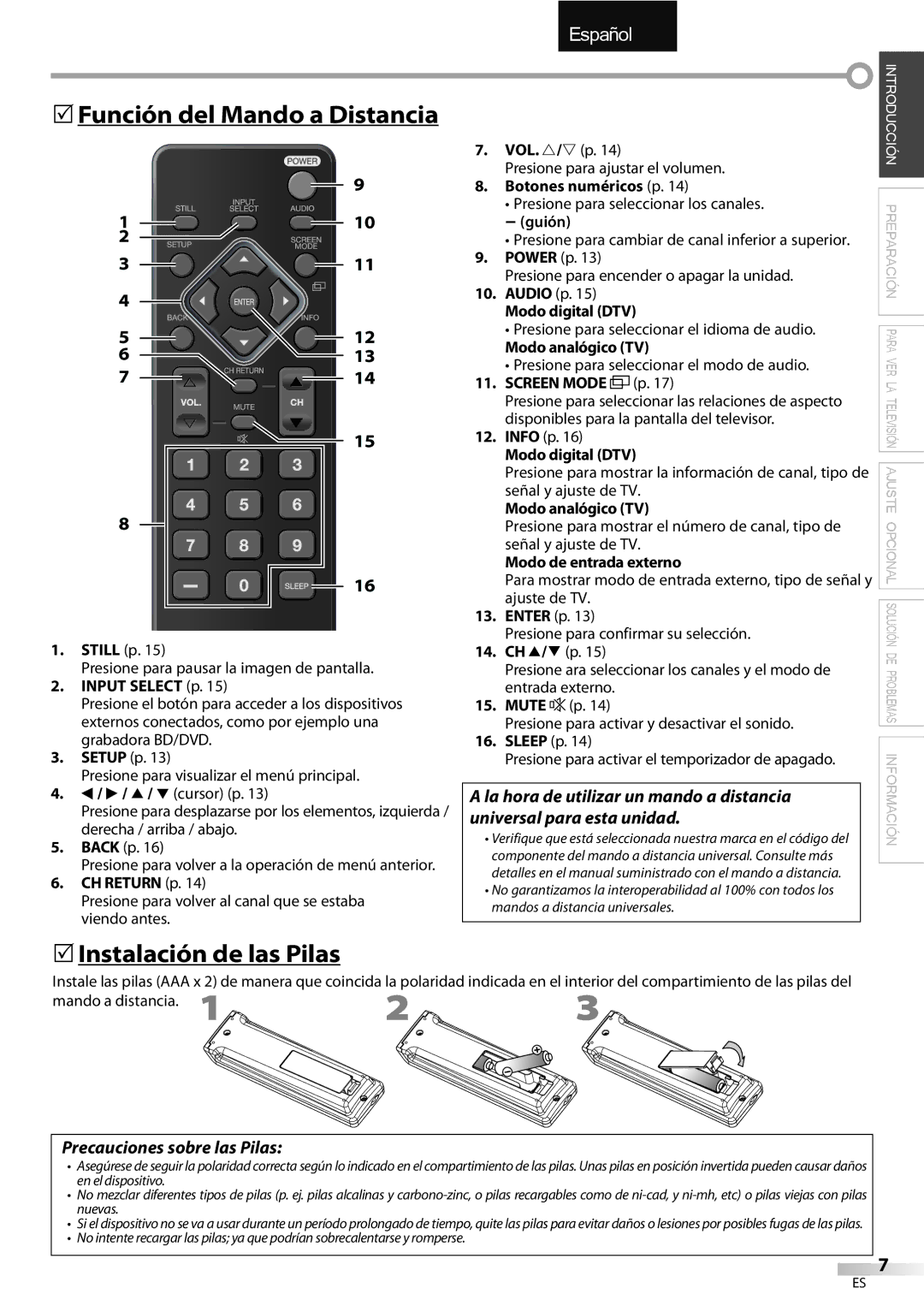 Emerson LC320EMXF owner manual Función del Mando a Distancia, Instalación de las Pilas, Precauciones sobre las Pilas 