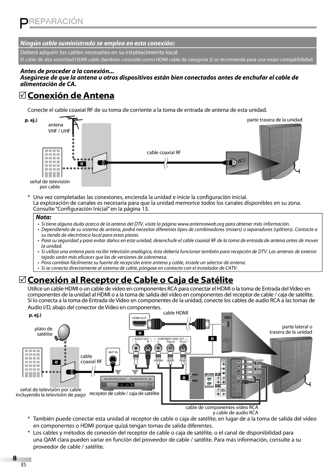 Emerson LC320EMXF owner manual Preparación, Conexión de Antena, Conexión al Receptor de Cable o Caja de Satélite 