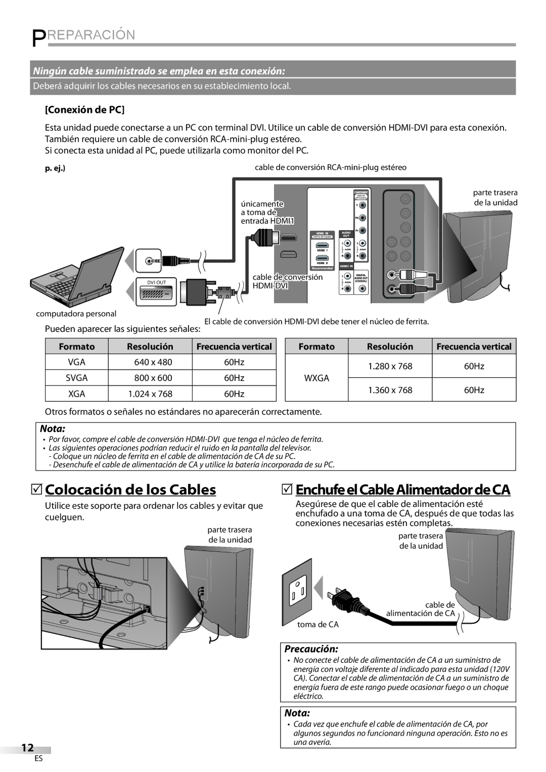 Emerson LC320EMXF Colocación de los Cables, EnchufeelCableAlimentadordeCA, Conexión de PC, Precaución, Resolución 