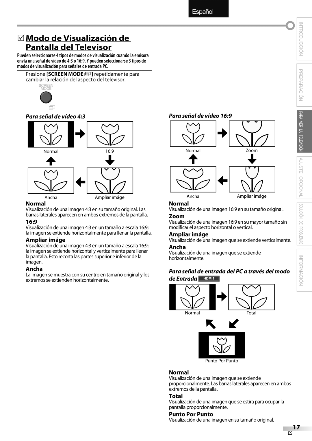 Emerson LC320EMXF owner manual Modo de Visualización de Pantalla del Televisor, Para señal de vídeo 