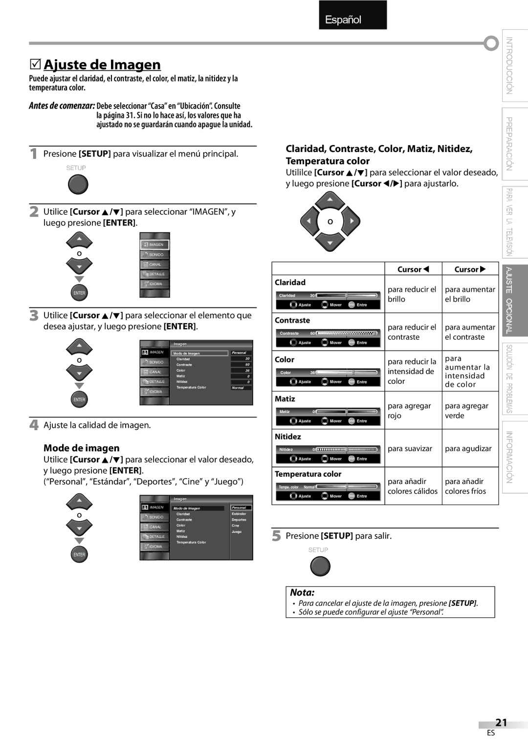 Emerson LC320EMXF owner manual Ajuste de Imagen, Mode de imagen, Ajuste la calidad de imagen 