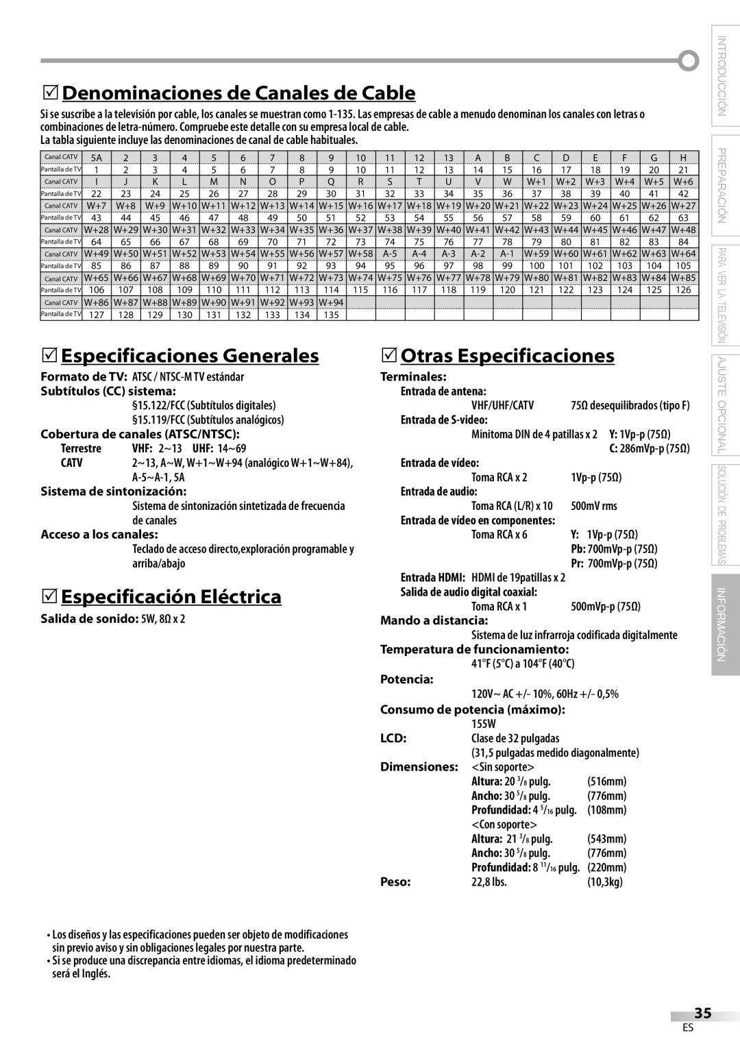 Emerson LC321EM9 owner manual 5Denominaciones de Canales de Cable 