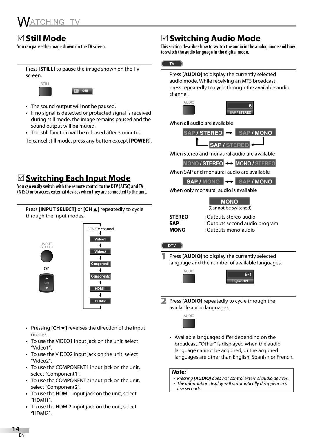 Emerson LC321EM9 owner manual 5Still Mode, 5Switching Each Input Mode, 5Switching Audio Mode 