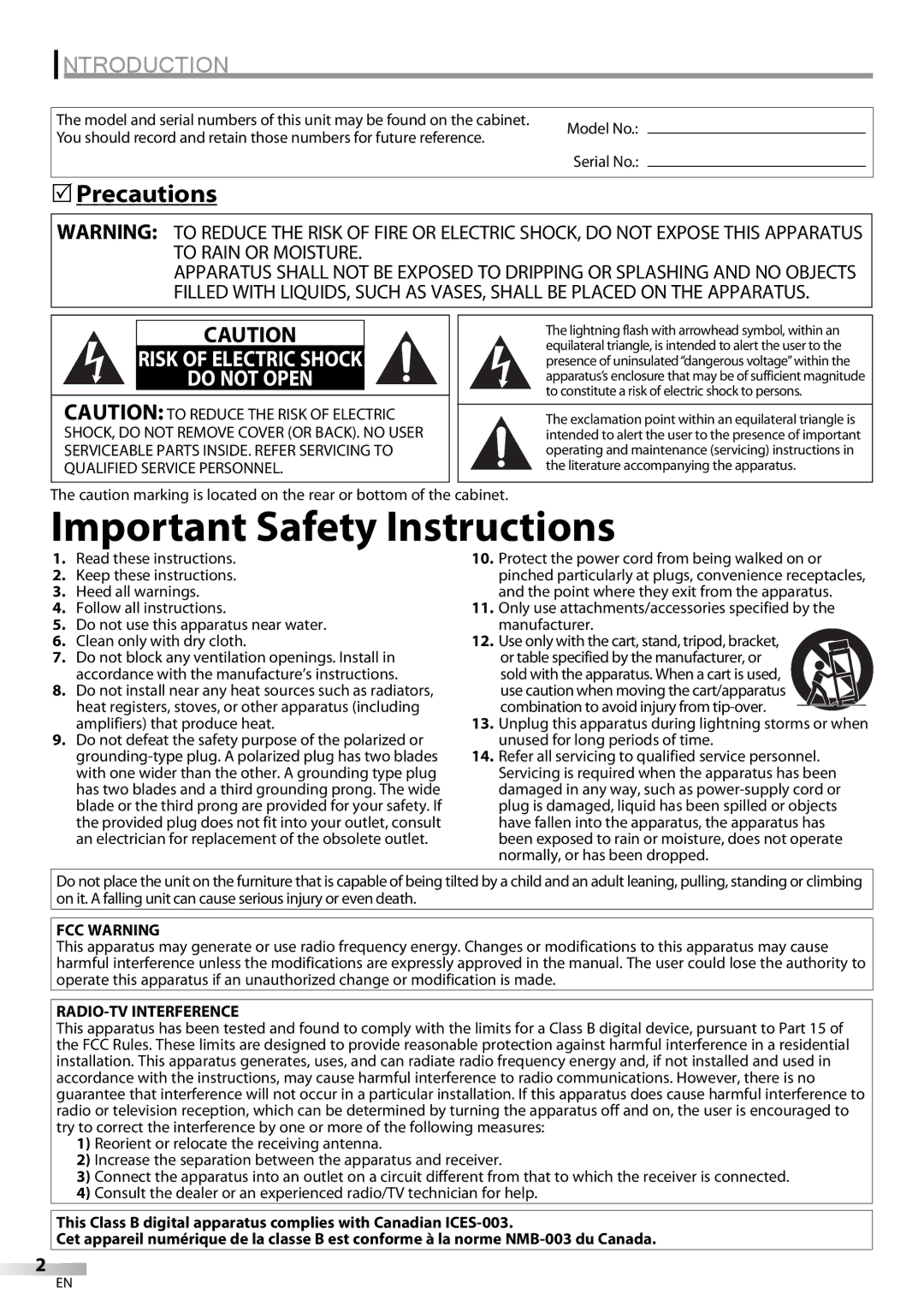 Emerson LC321EM9 owner manual Precautions, FCC Warning, RADIO-TV Interference 