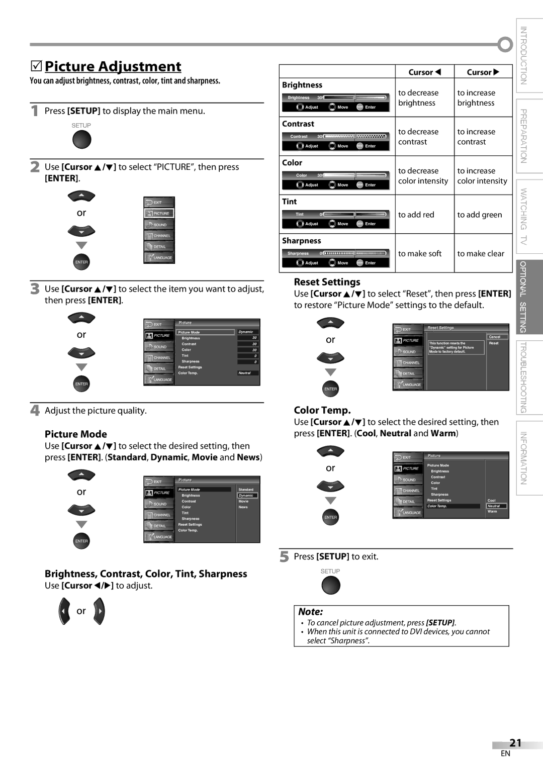 Emerson LC321EM9 owner manual 5Picture Adjustment, Picture Mode, Brightness, Contrast, Color, Tint, Sharpness 