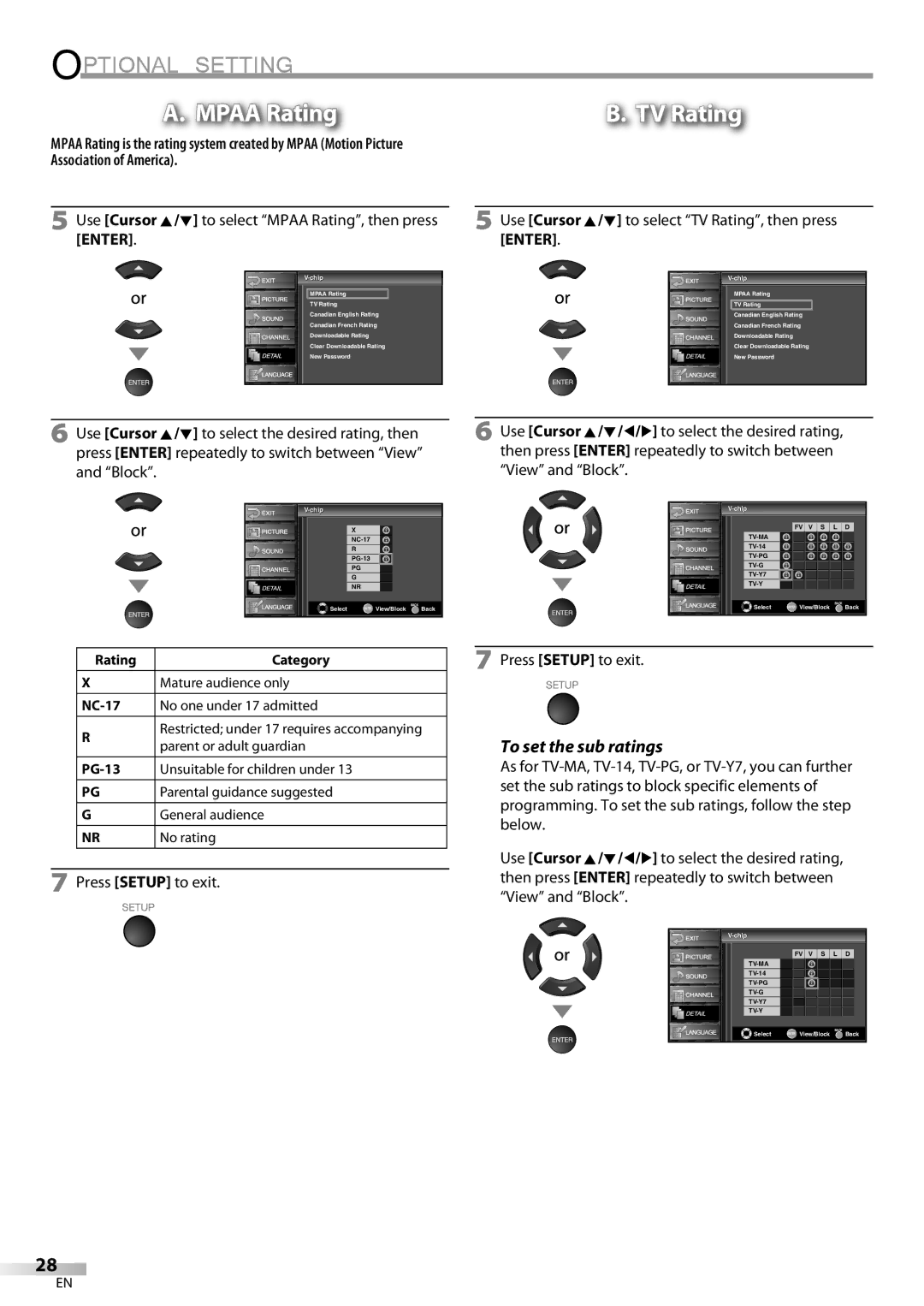 Emerson LC321EM9 To set the sub ratings, Association of America, Use Cursor K/L to select TV Rating, then press, Chipip 