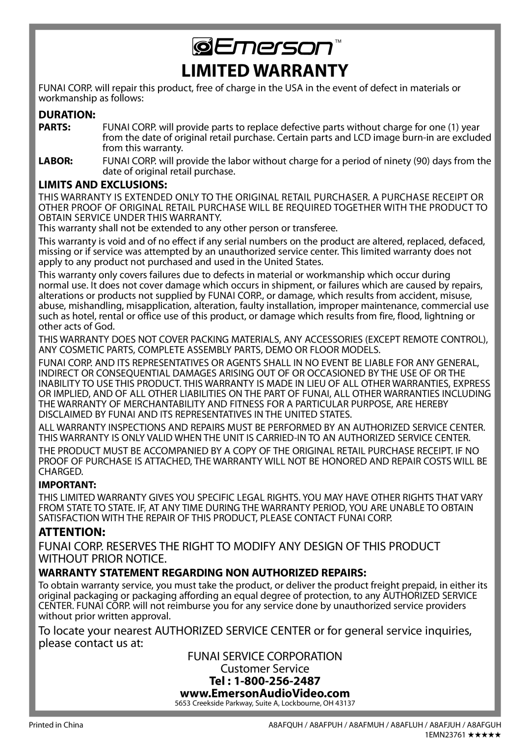 Emerson LC321EM9 owner manual Limited Warranty 