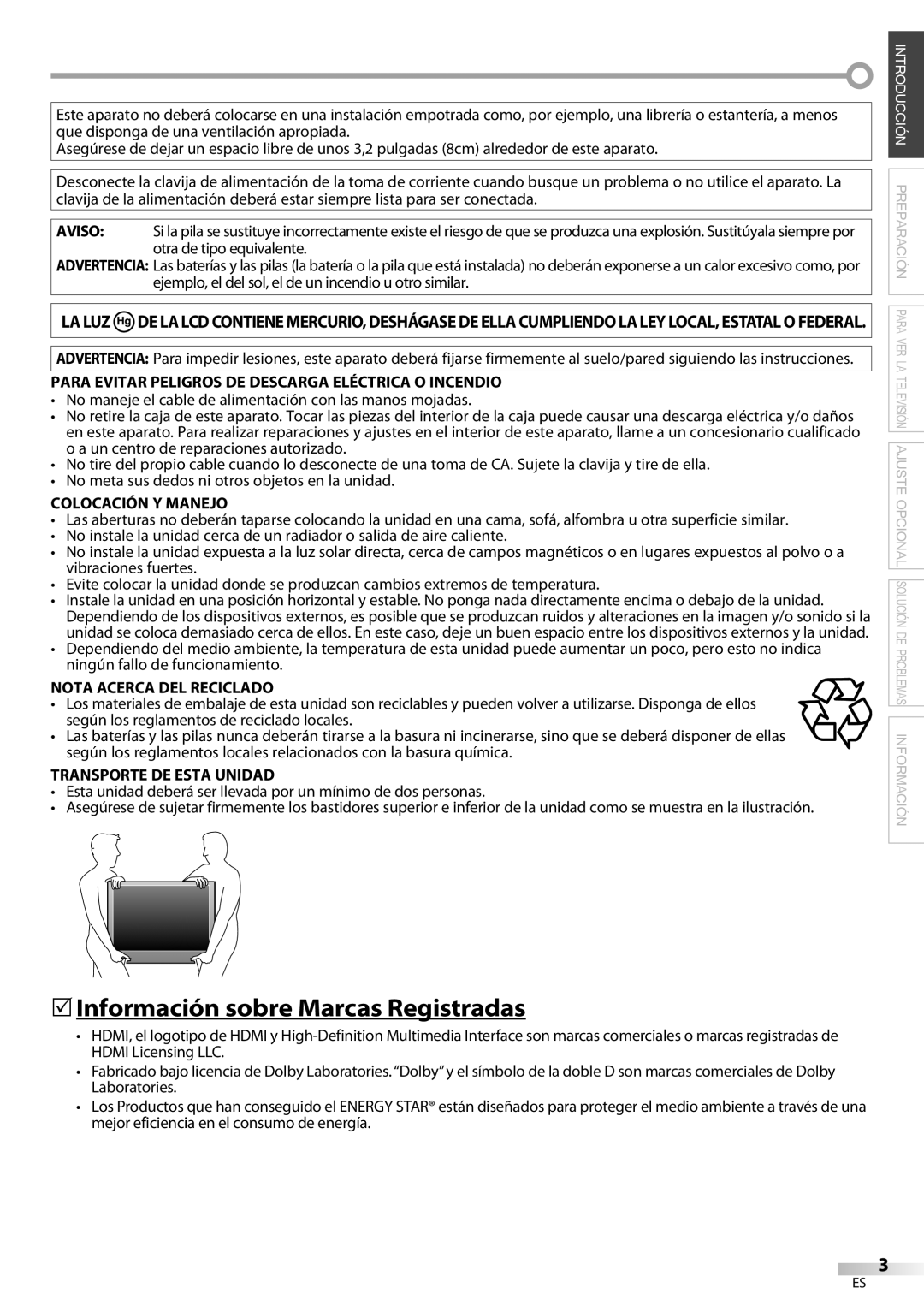 Emerson LC321EM9 owner manual 5Información sobre Marcas Registradas, Para Evitar Peligros DE Descarga Eléctrica O Incendio 