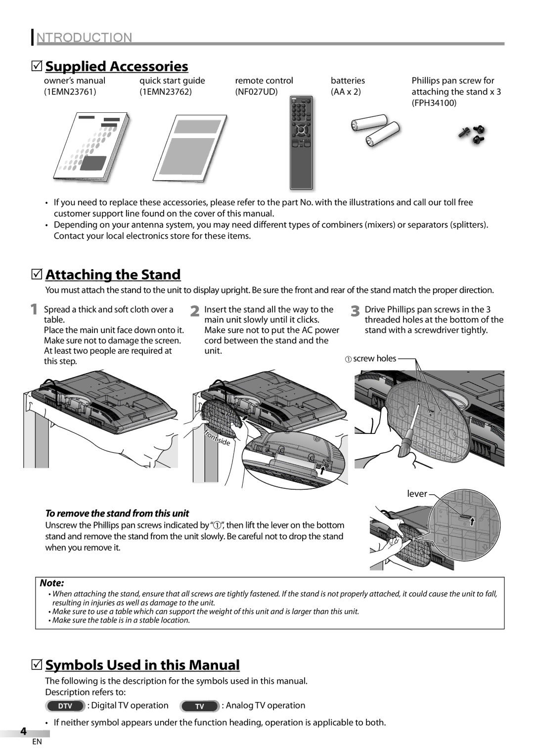 Emerson LC321EM9 owner manual 5Supplied Accessories, 5Attaching the Stand, 5Symbols Used in this Manual 