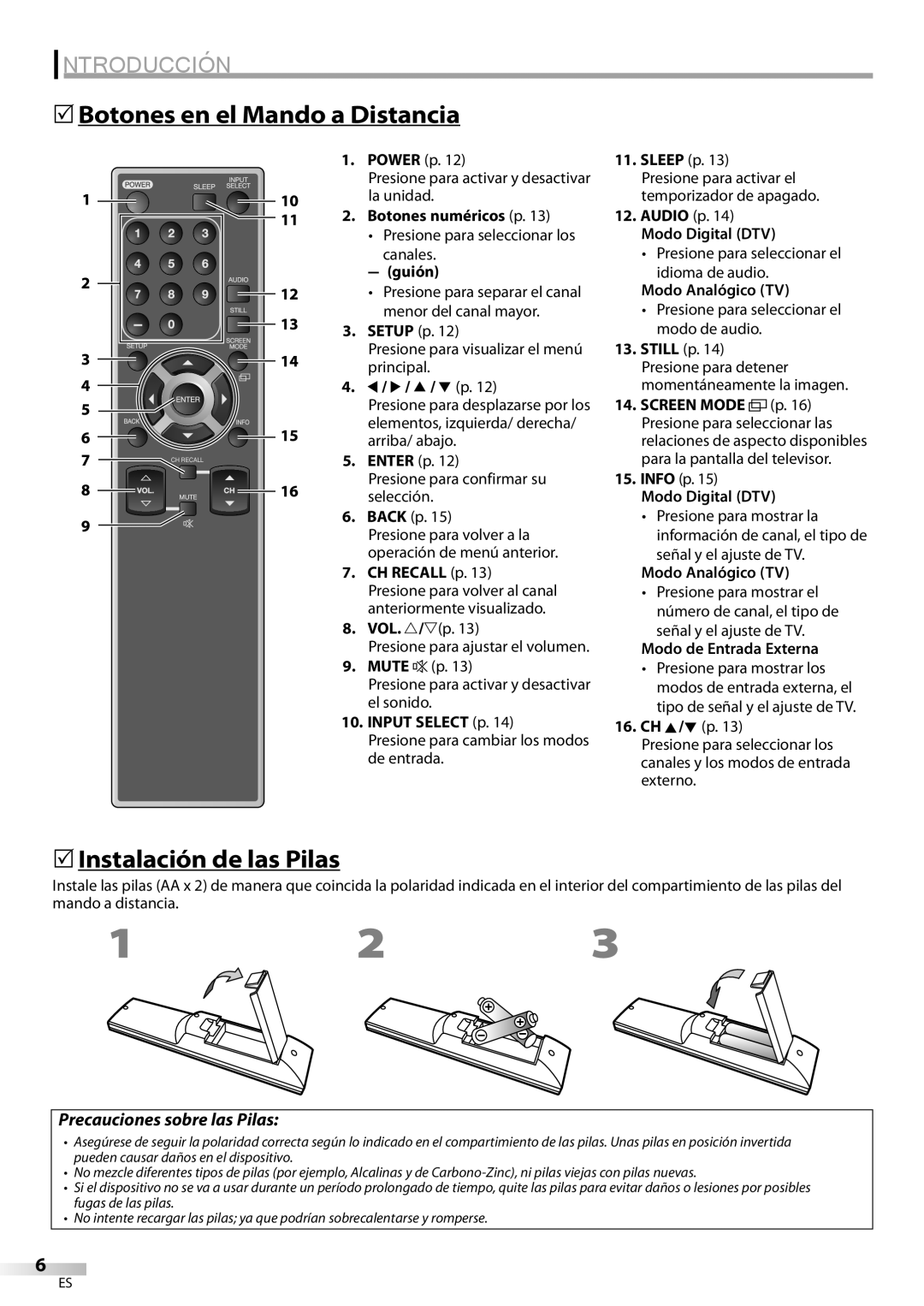 Emerson LC321EM9 owner manual 5Botones en el Mando a Distancia, 5Instalación de las Pilas, Precauciones sobre las Pilas 