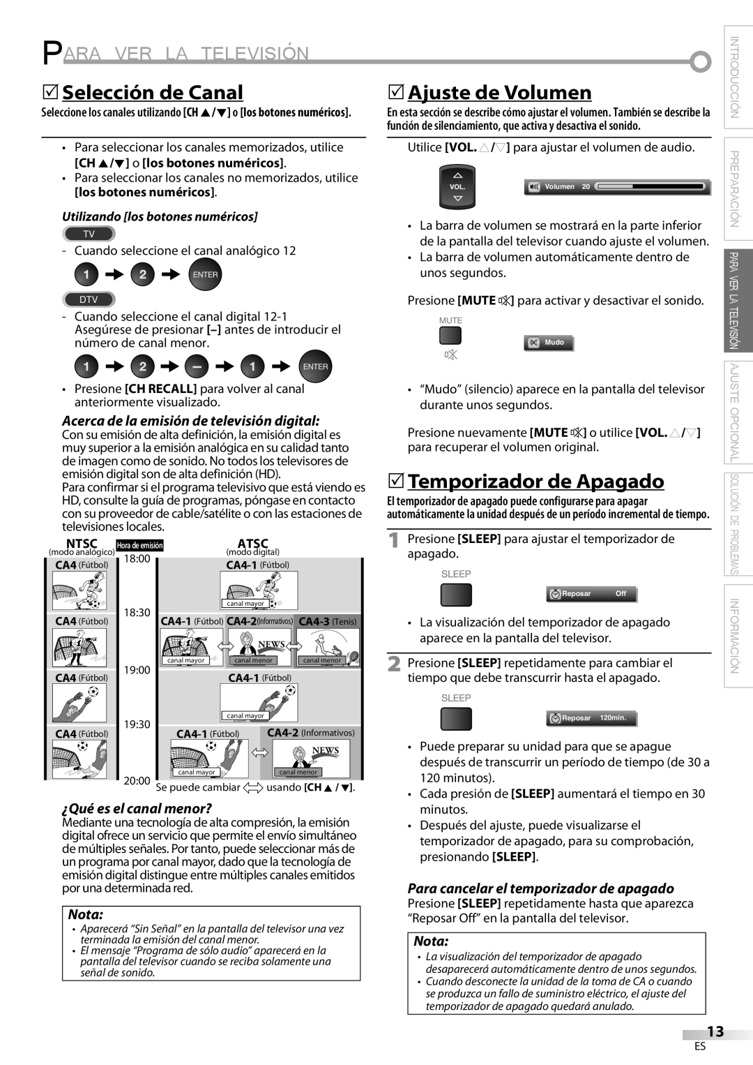 Emerson LC321EM9 owner manual 5Selección de Canal 5Ajuste de Volumen, 5Temporizador de Apagado, ¿Qué es el canal menor? 