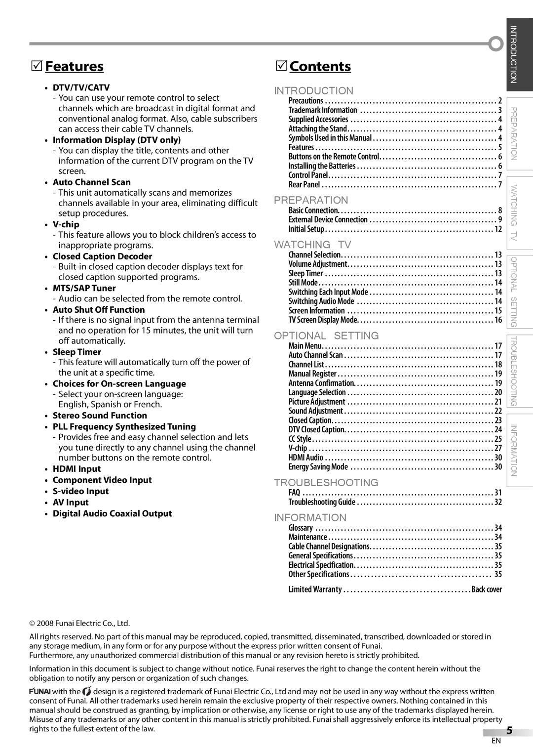 Emerson LC321EM9 owner manual Features, Contents, Dtv/Tv/Catv 