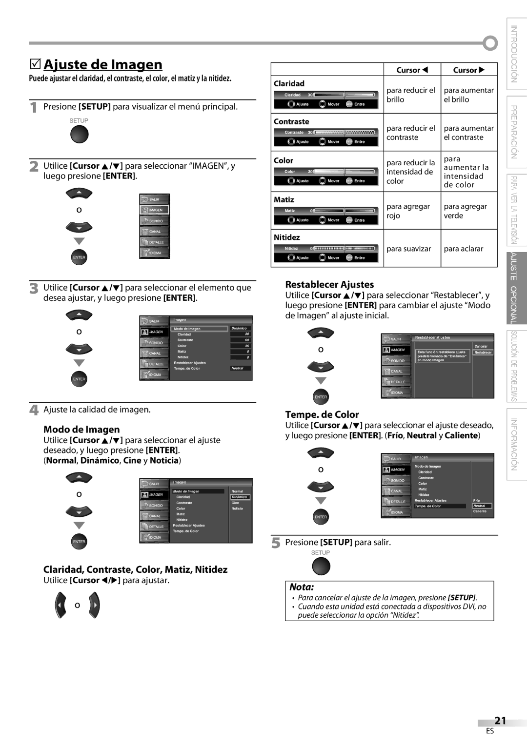 Emerson LC321EM9 owner manual 5Ajuste de Imagen, Modo de Imagen, Claridad, Contraste, Color, Matiz, Nitidez 