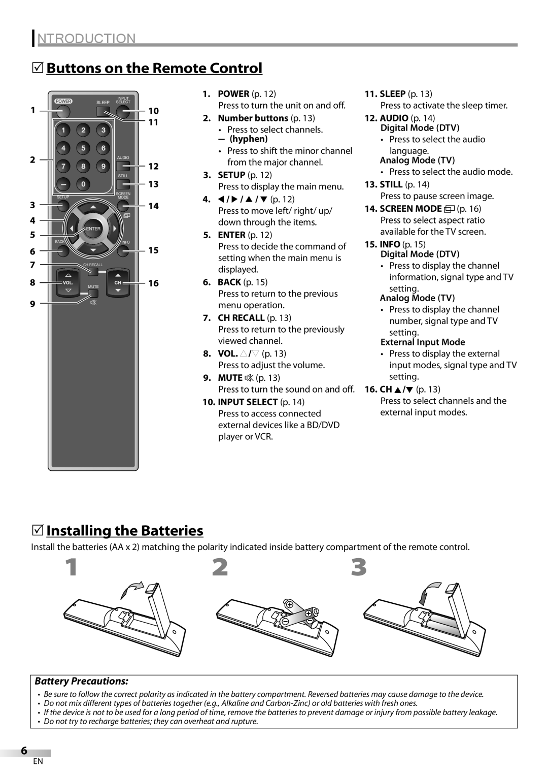 Emerson LC321EM9 owner manual 5Buttons on the Remote Control, 5Installing the Batteries, Battery Precautions 