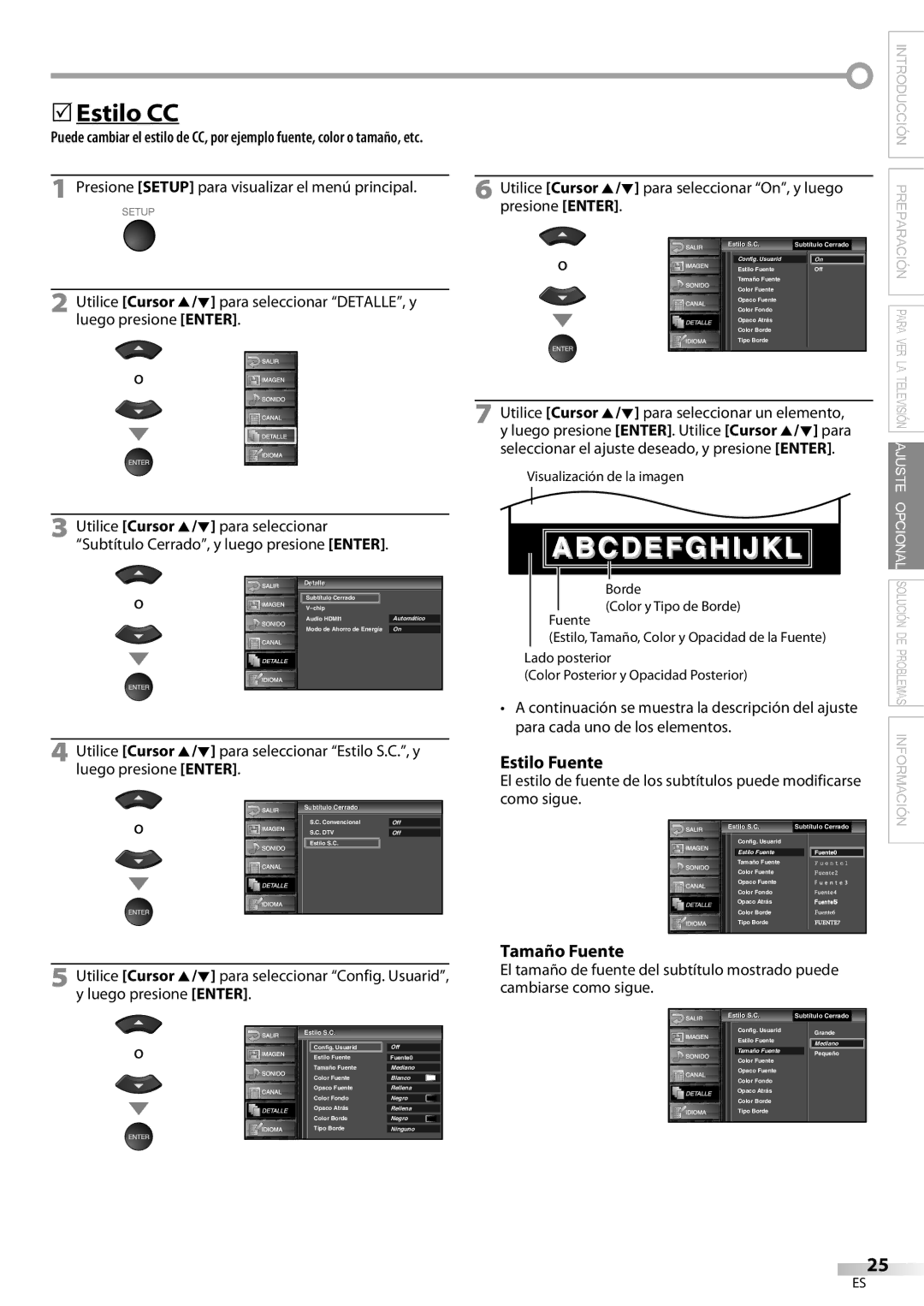 Emerson LC321EM9 owner manual 5Estilo CC, Tamaño Fuente, Para seleccionar Estilo S.C., y, Estilo Fuente, Como sigue 