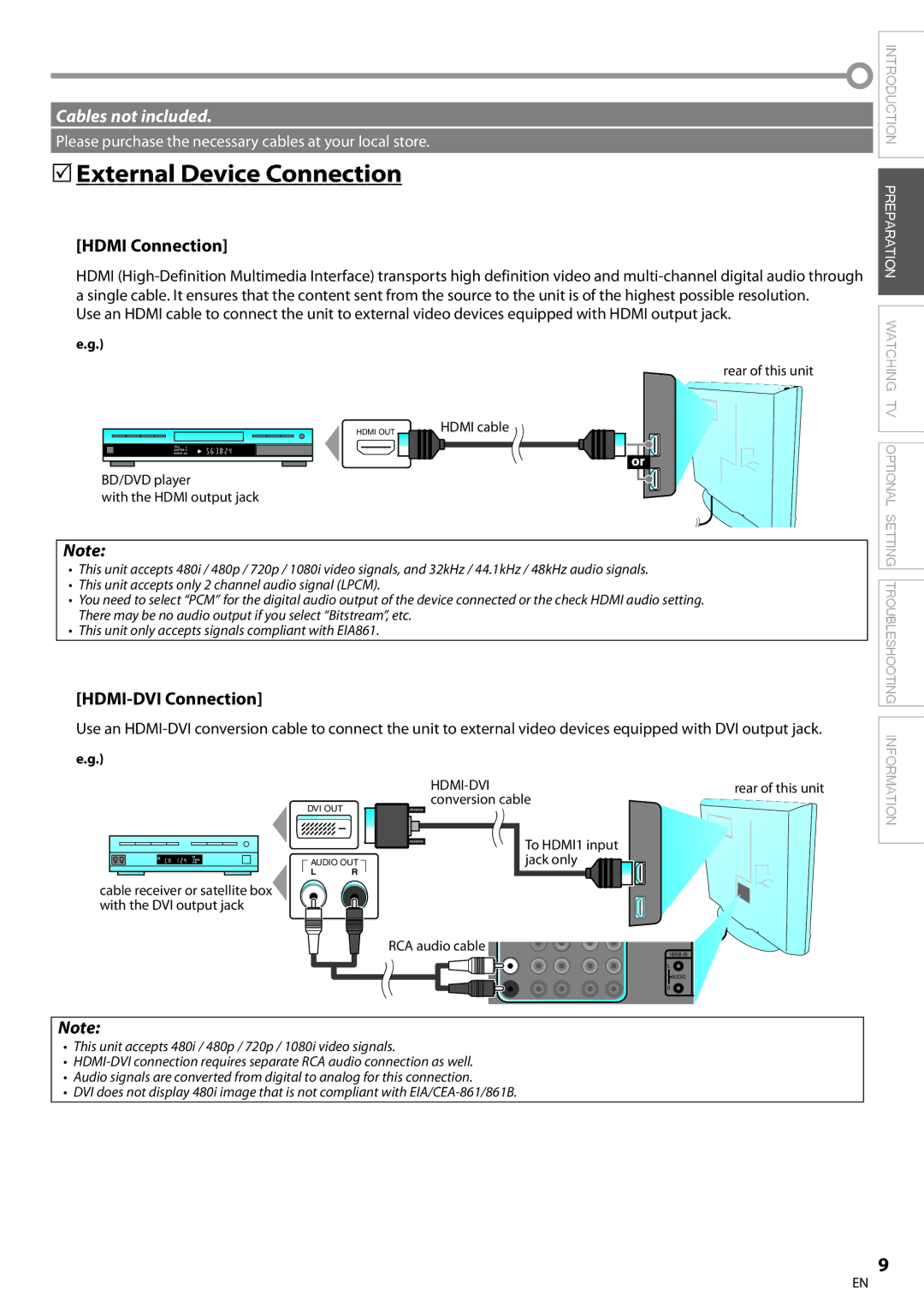 Emerson LC321EM9 owner manual 5External Device Connection, Hdmi Connection, HDMI-DVI Connection 