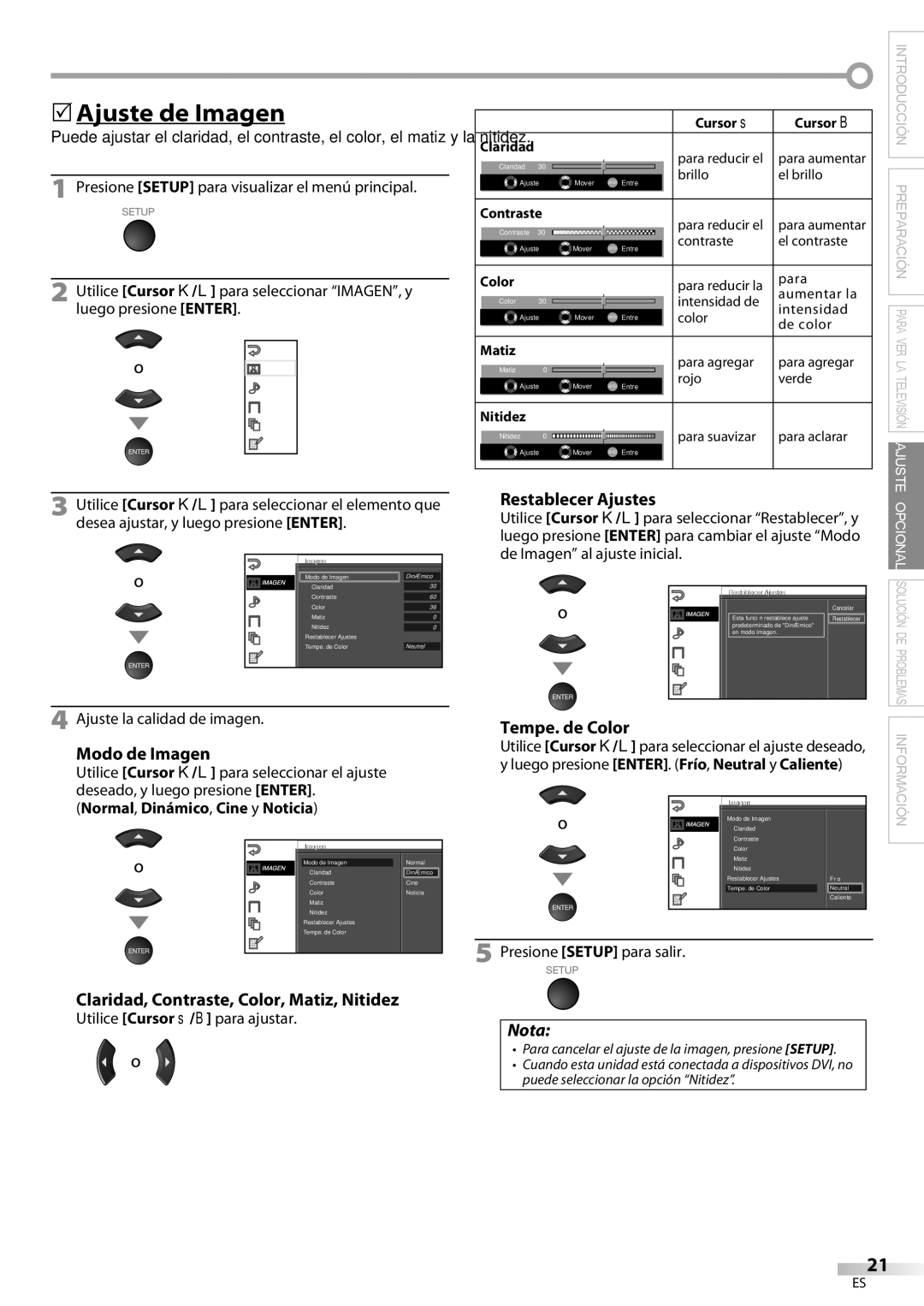 Emerson LC321EM9 owner manual Tempe. de Color, Presione Setup para visualizar el menú principal, Luego presione Enter 